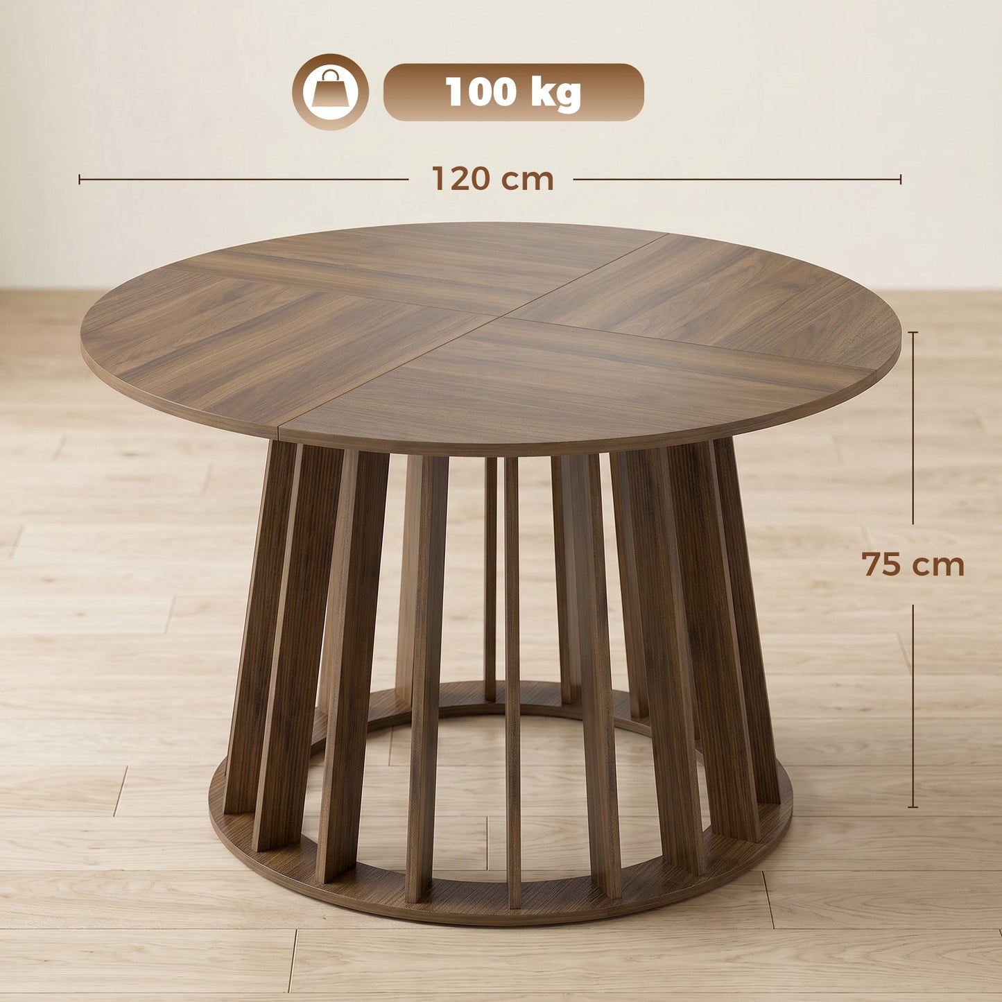 120 cm Round Dining Table for 4-6 People, Modern Kitchen Table with Slatted and Heavy Duty Pedestal Base for Dining Room, Kitchen, Living Room, Light Walnut