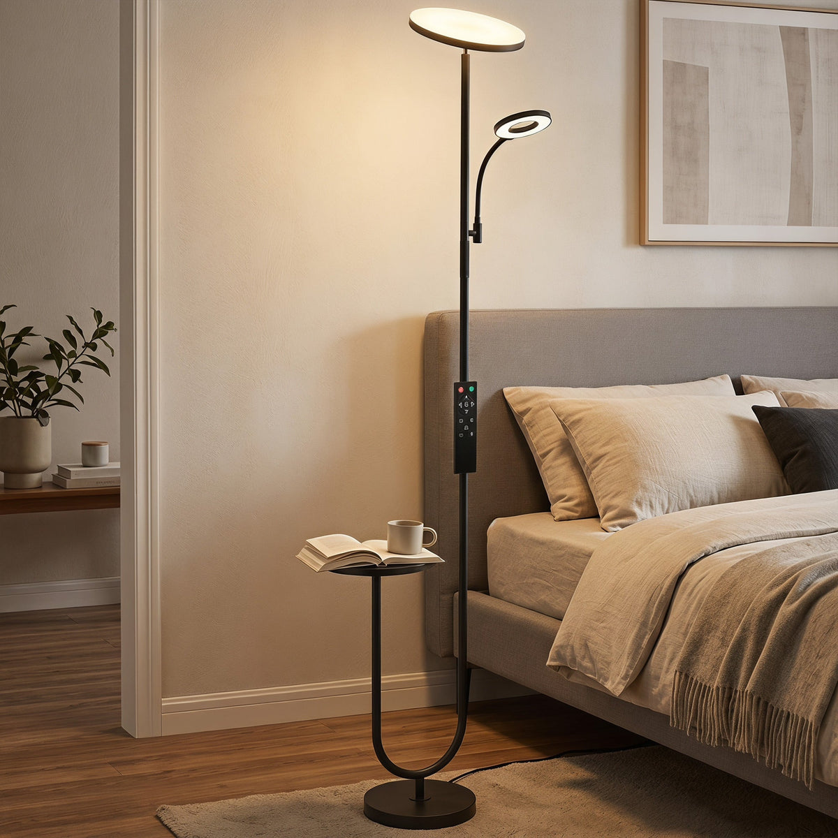 LED Uplighter Floor Lamp with Table, Dual Light Dimmable Standing Lamp with Magnetic Remote, 4 Colour Temperatures,  Adjustable Reading Light for Bedroom Living Room, Black