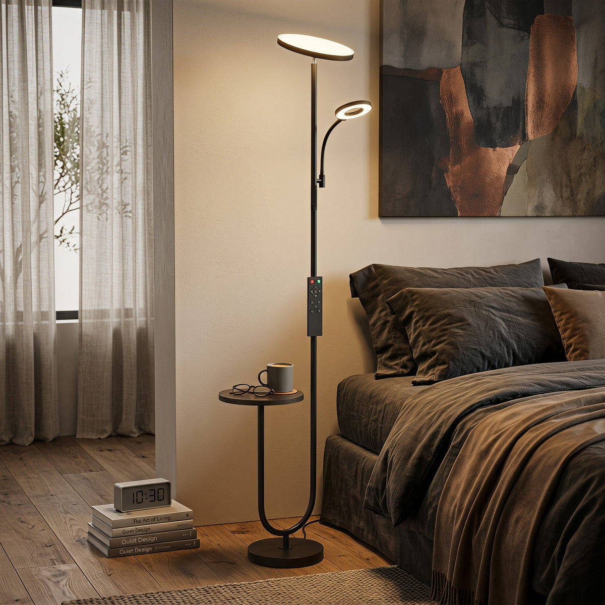 LED Uplighter Floor Lamp with Table, Dual Light Dimmable Standing Lamp with Magnetic Remote, 4 Colour Temperatures,  Adjustable Reading Light for Bedroom Living Room, Black