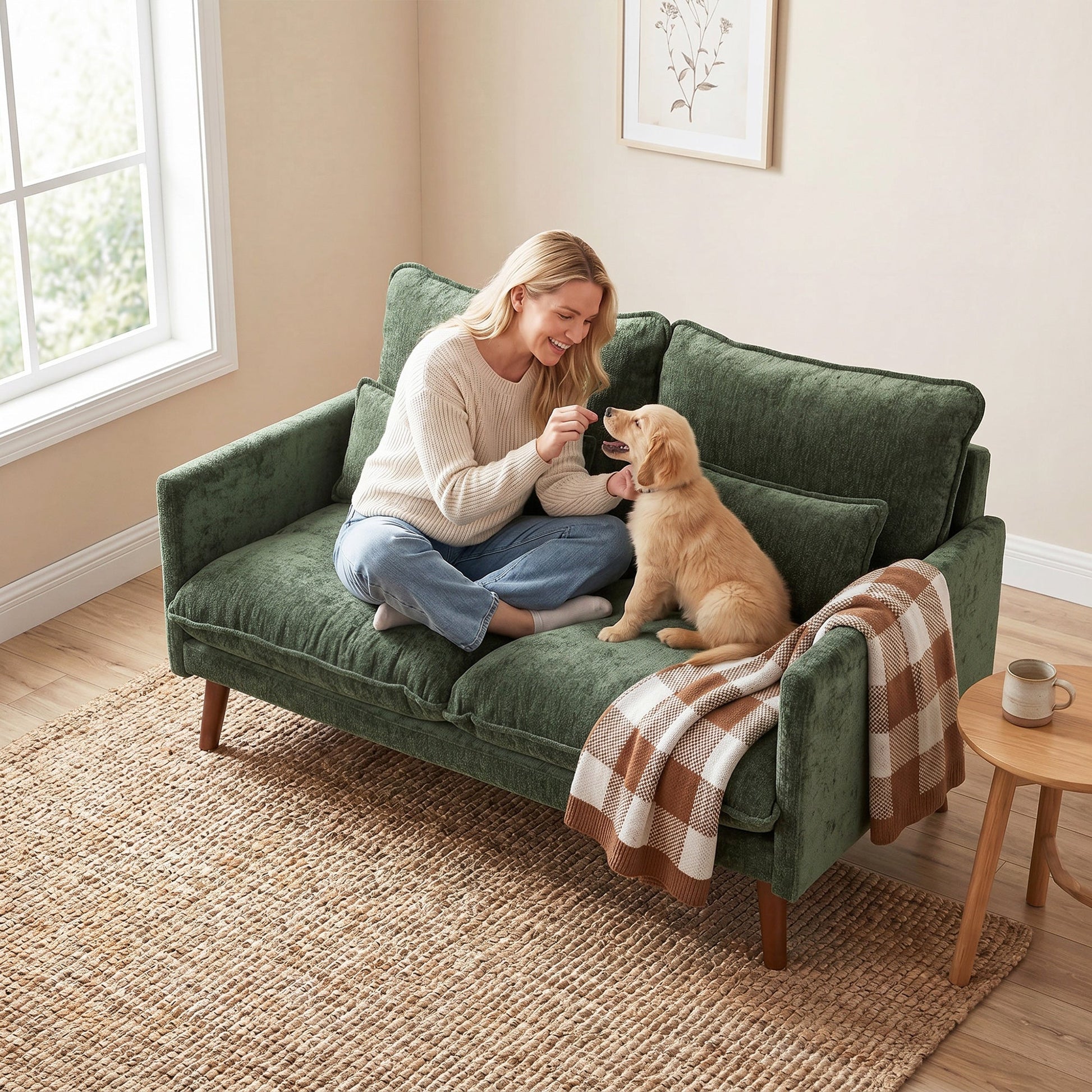 2 Seater Sofa, 131cm Velvet-Feel Fabric Loveseat Sofa with Spring Cushions, Wide and Deep Seat, Wood Legs, 2 Pillows, Modern Couch Settee for Small Space, Living Room, Bedroom, Office, Green