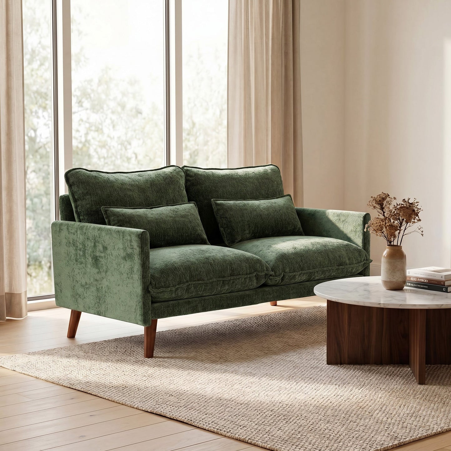2 Seater Sofa, 131cm Velvet-Feel Fabric Loveseat Sofa with Spring Cushions, Wide and Deep Seat, Wood Legs, 2 Pillows, Modern Couch Settee for Small Space, Living Room, Bedroom, Office, Green