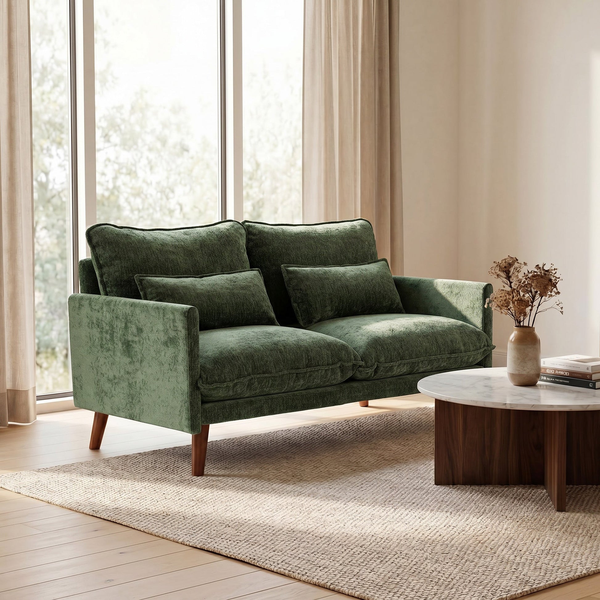2 Seater Sofa, 131cm Velvet-Feel Fabric Loveseat Sofa with Spring Cushions, Wide and Deep Seat, Wood Legs, 2 Pillows, Modern Couch Settee for Small Space, Living Room, Bedroom, Office, Green