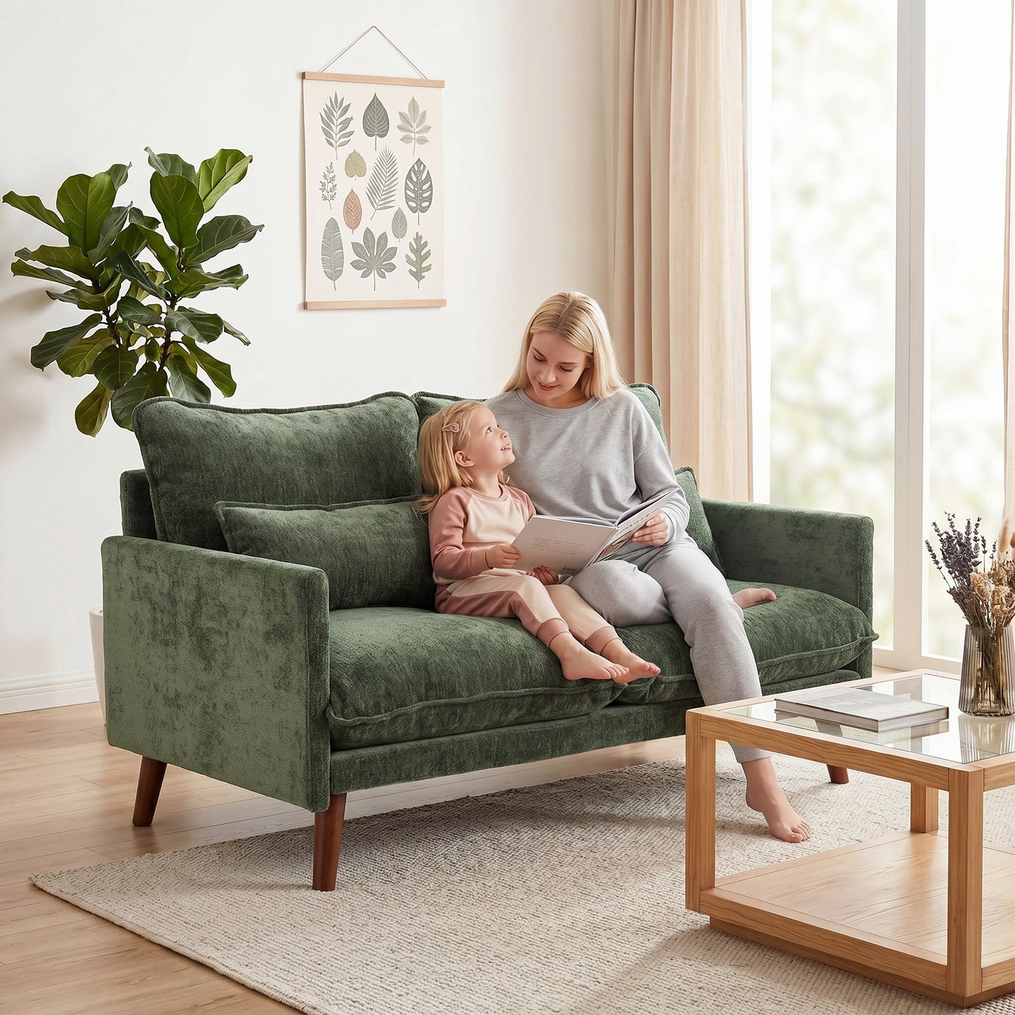 2 Seater Sofa, 131cm Velvet-Feel Fabric Loveseat Sofa with Spring Cushions, Wide and Deep Seat, Wood Legs, 2 Pillows, Modern Couch Settee for Small Space, Living Room, Bedroom, Office, Green