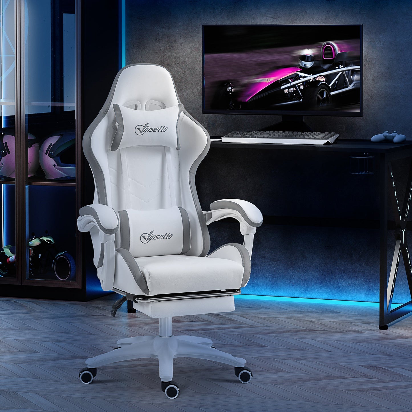 Vinsetto Computer Gaming Chair, PU Leather Desk Chair with Footrest, Swivel Task Chair with 135° Reclining Back and Lumbar Support, PC Chair for Adults, White and Grey
