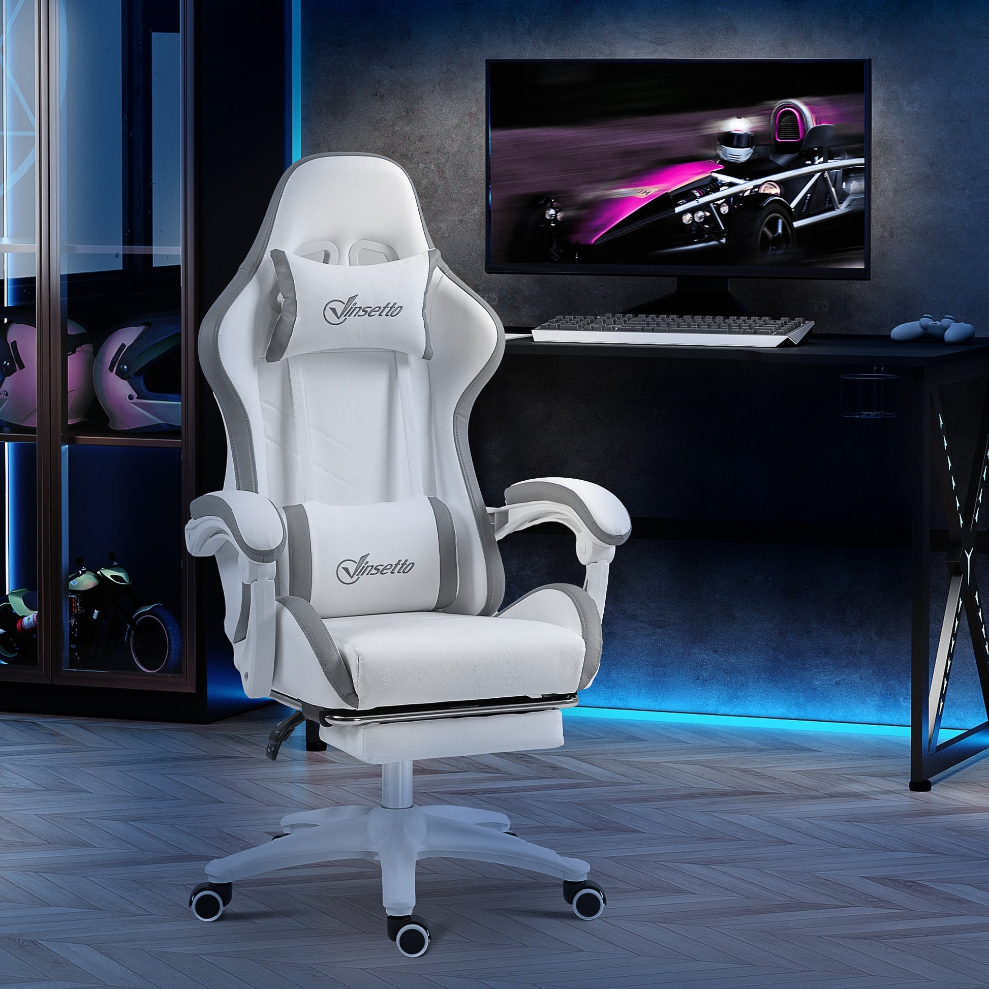 Vinsetto Computer Gaming Chair, PU Leather Desk Chair with Footrest, Swivel Task Chair with 135° Reclining Back and Lumbar Support, PC Chair for Adults, White and Grey