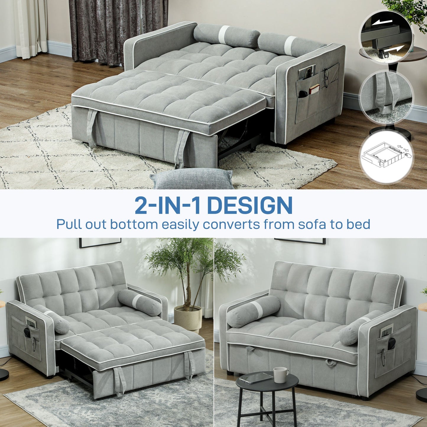 HOMCOM 3-In-1 Convertible 2 Seater Sofa Bed, Click Clack Pull Out Sofa Bed with Adjustable Backrest and Pillows, Modern Tufted Bed Settee for Living Room, Bedroom, Guest Room, Light Grey