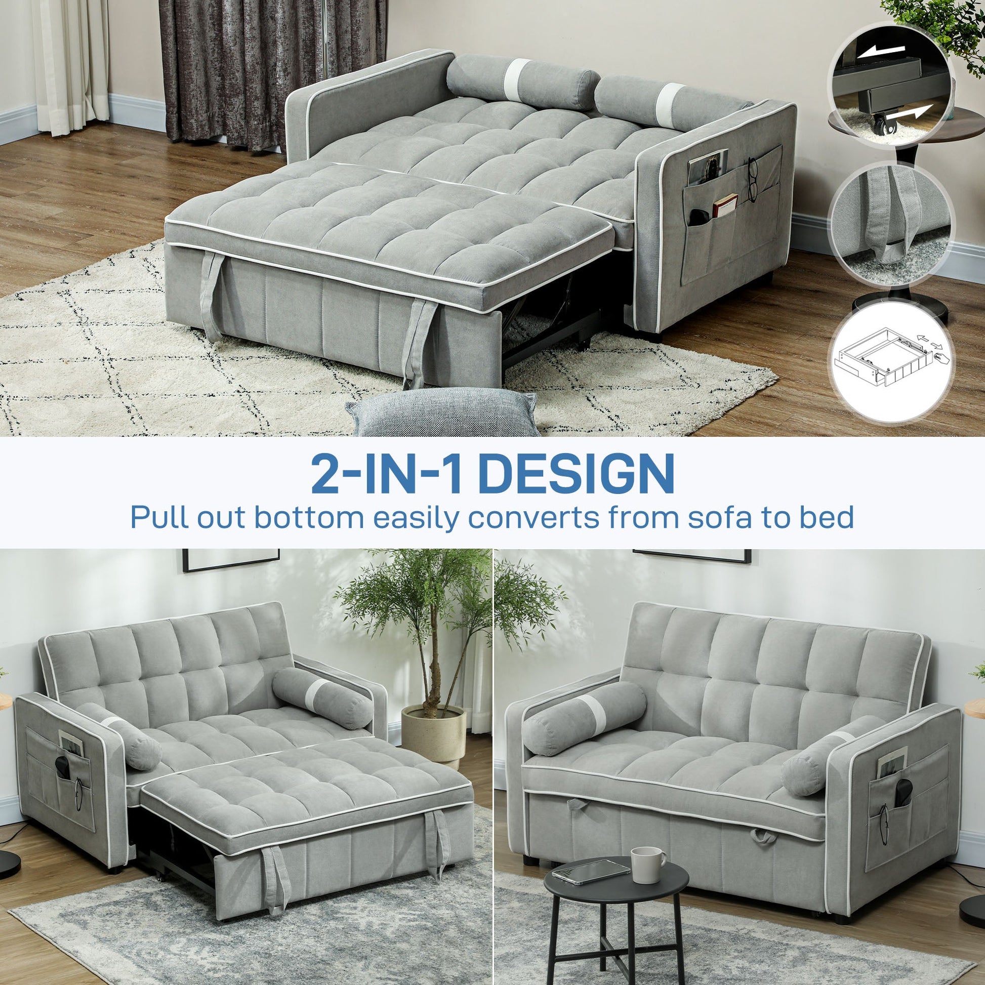 HOMCOM 3-In-1 Convertible 2 Seater Sofa Bed, Click Clack Pull Out Sofa Bed with Adjustable Backrest and Pillows, Modern Tufted Bed Settee for Living Room, Bedroom, Guest Room, Light Grey