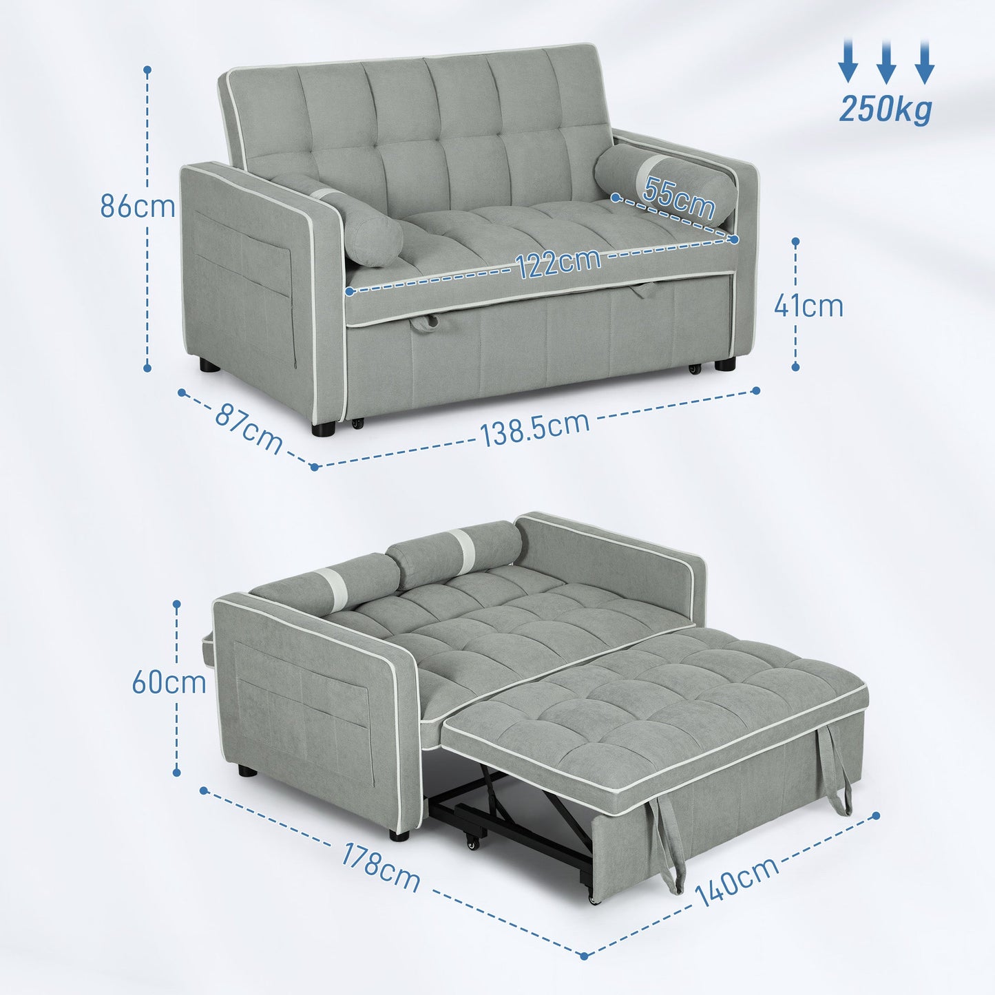 HOMCOM 3-In-1 Convertible 2 Seater Sofa Bed, Click Clack Pull Out Sofa Bed with Adjustable Backrest and Pillows, Modern Tufted Bed Settee for Living Room, Bedroom, Guest Room, Light Grey