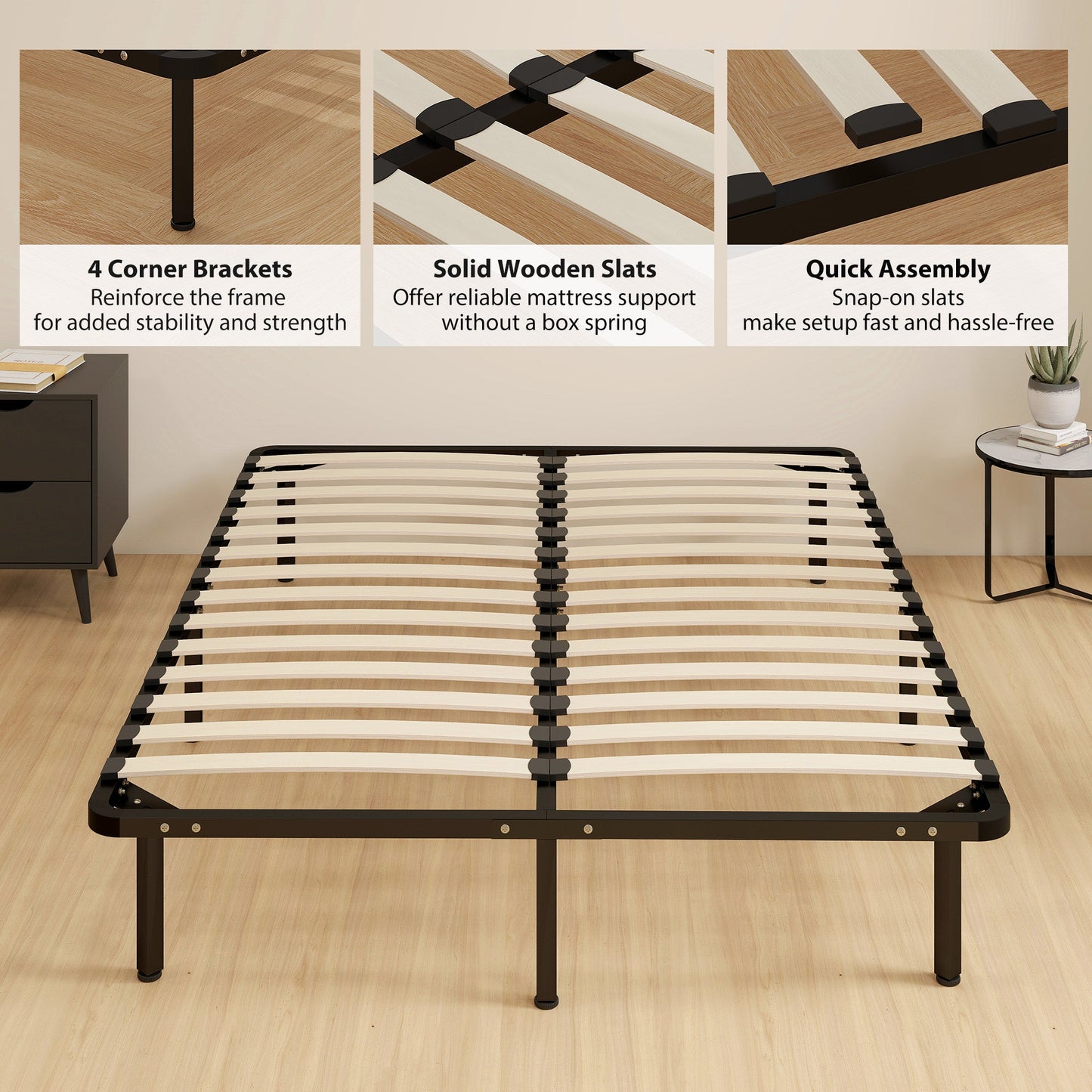 4ft6 Double Bed Frame, Metal Platform Bed Frame with 2 x 14 Wood Slats, No Box Spring Needed, Underbed Storage, Easy to Assemble, Black