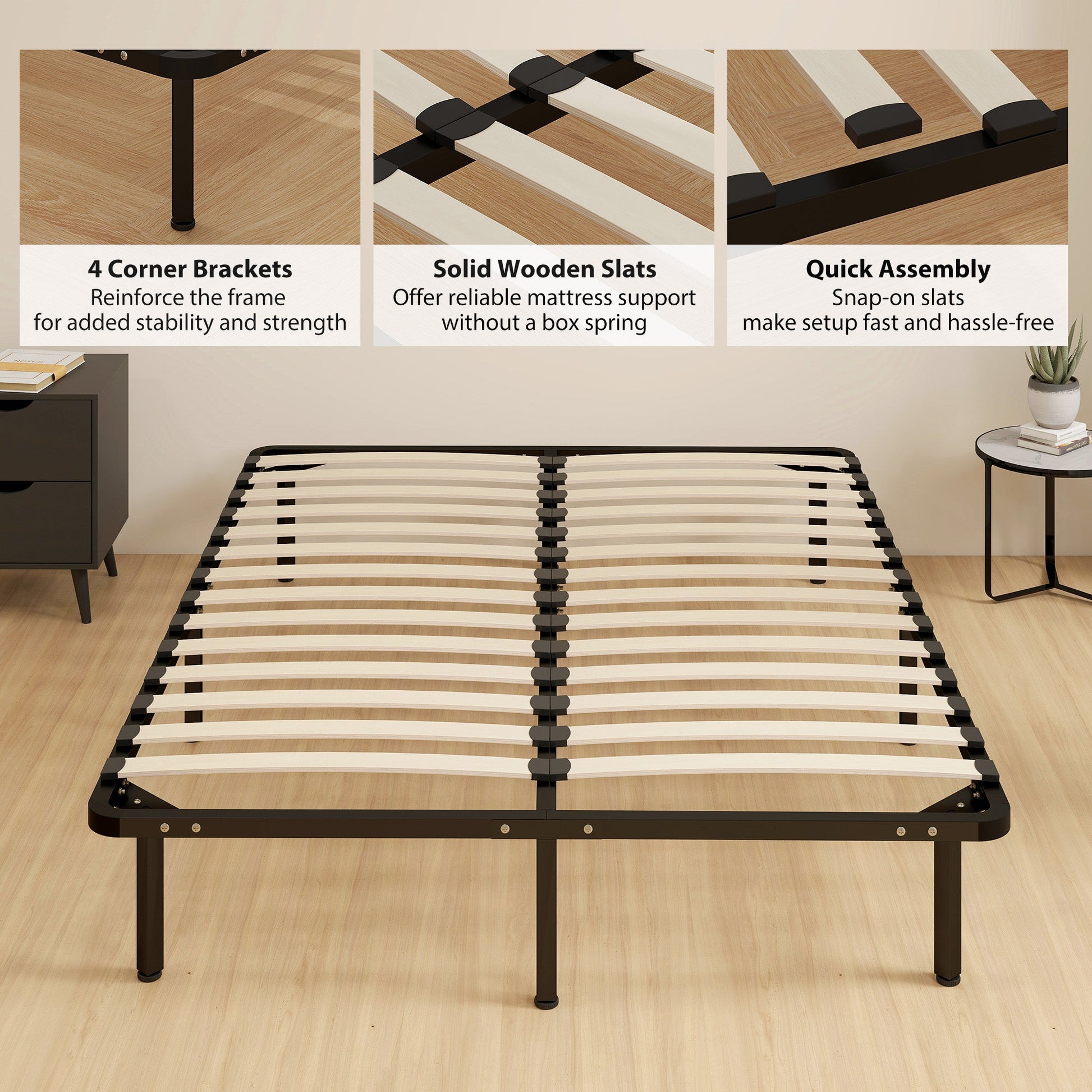 4ft6 Double Bed Frame, Metal Platform Bed Frame with 2 x 14 Wood Slats, No Box Spring Needed, Underbed Storage, Easy to Assemble, Black