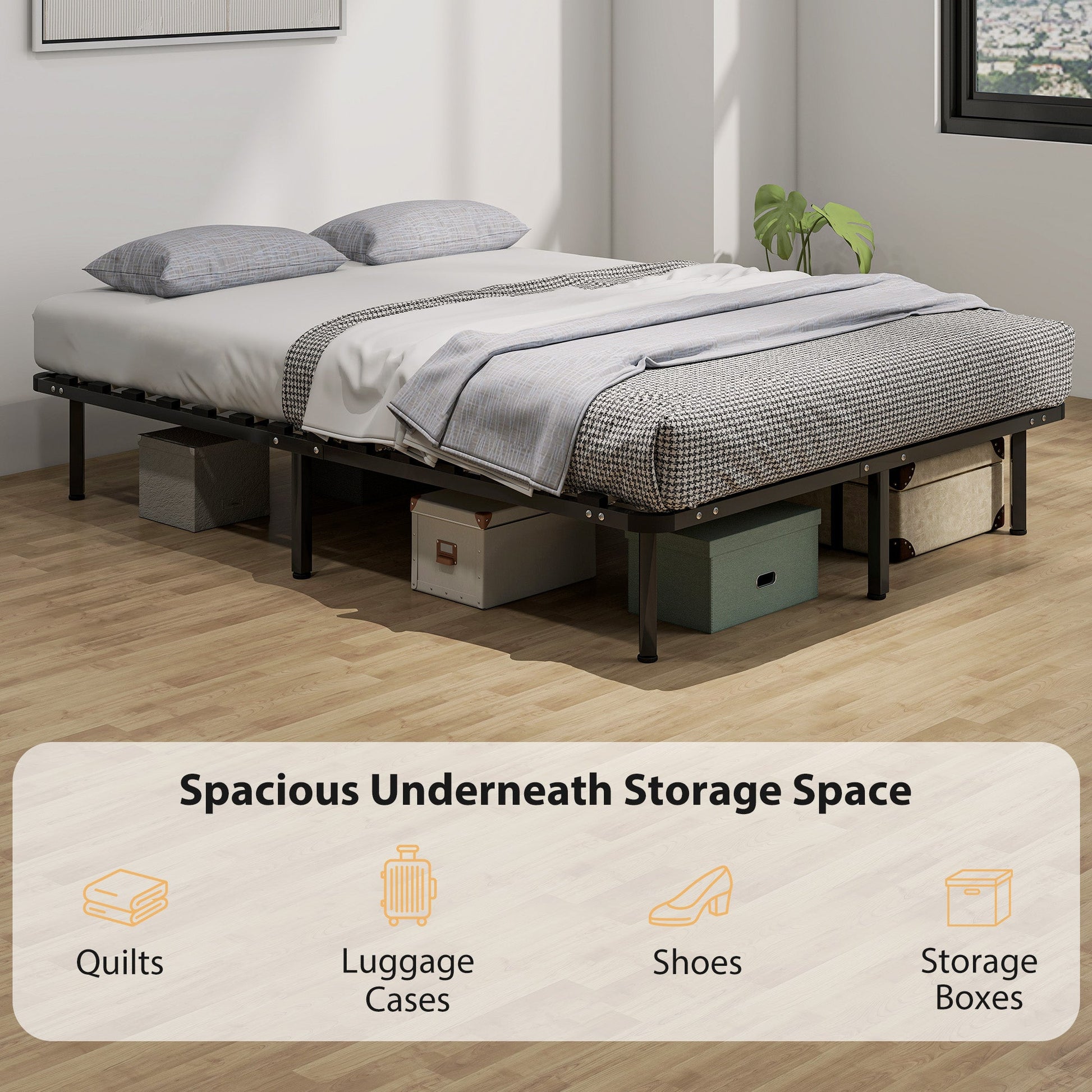4ft6 Double Bed Frame, Metal Platform Bed Frame with 2 x 14 Wood Slats, No Box Spring Needed, Underbed Storage, Easy to Assemble, Black