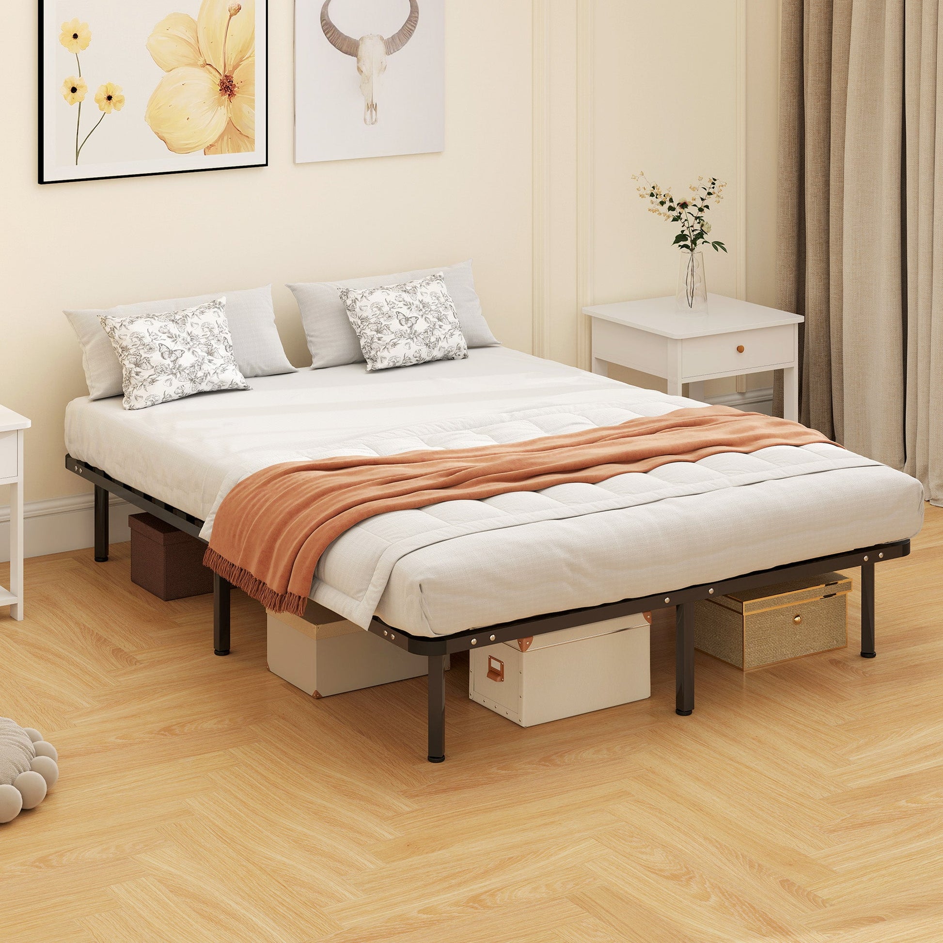 4ft6 Double Bed Frame, Metal Platform Bed Frame with 2 x 14 Wood Slats, No Box Spring Needed, Underbed Storage, Easy to Assemble, Black
