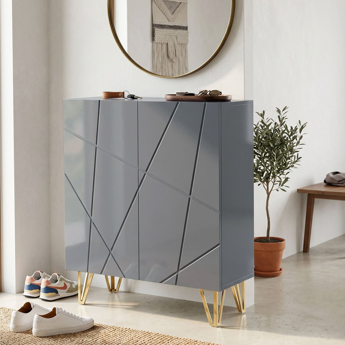 Narrow Shoe Cabinet, Slim Shoe Storage Cabinet with Soft-Close Hinges and Adjustable Shelves for 15-20 Pairs of Shoes, Grey