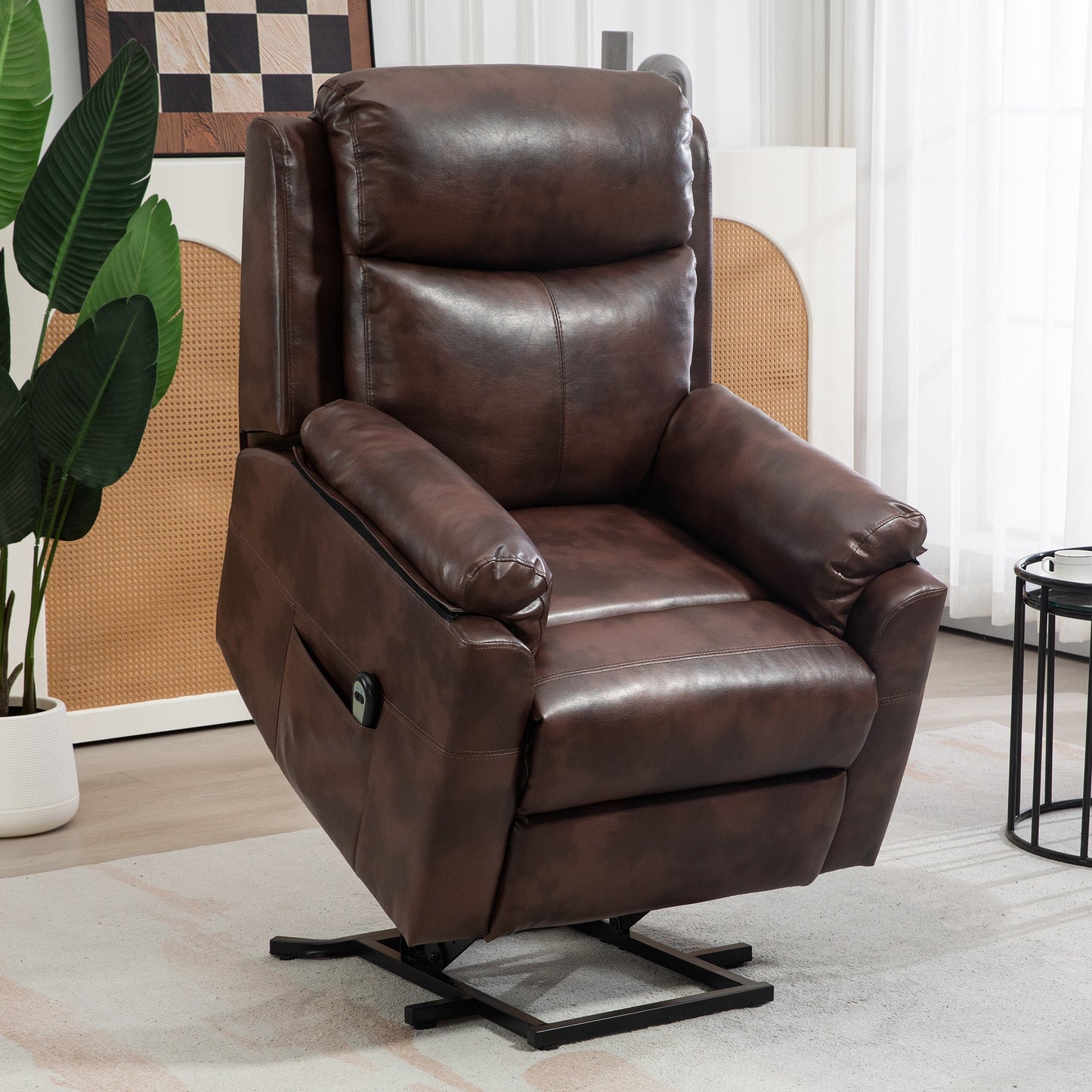 HOMCOM Power Lift Recliner Chair, Electric Lift Chair for Elderly, Overstuffed Faux Leather Riser and Reclining Armchair with Remote Control, Side Pockets, for Living Room, Dark Brown