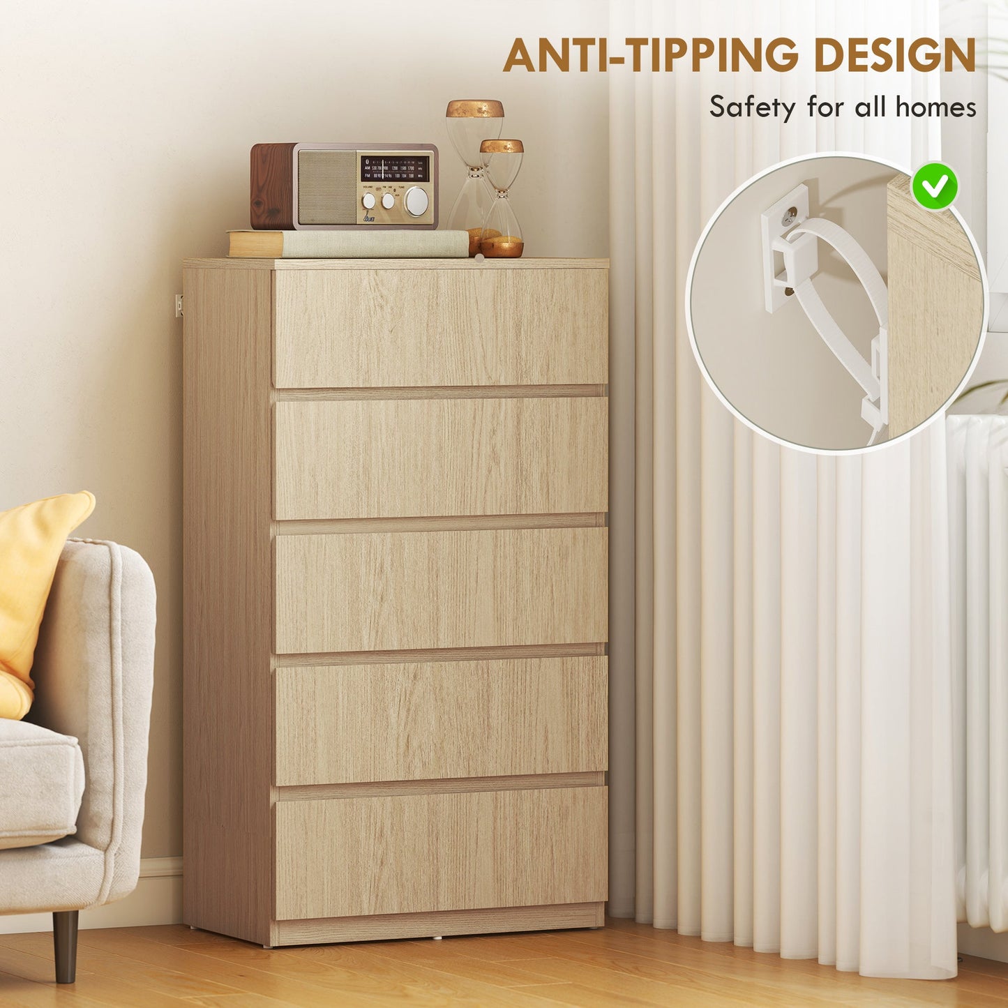 Chest of Drawers, 5 Drawers Storage Cabinet Floor Tower Cupboard for Bedroom Living Room, Natural Wood