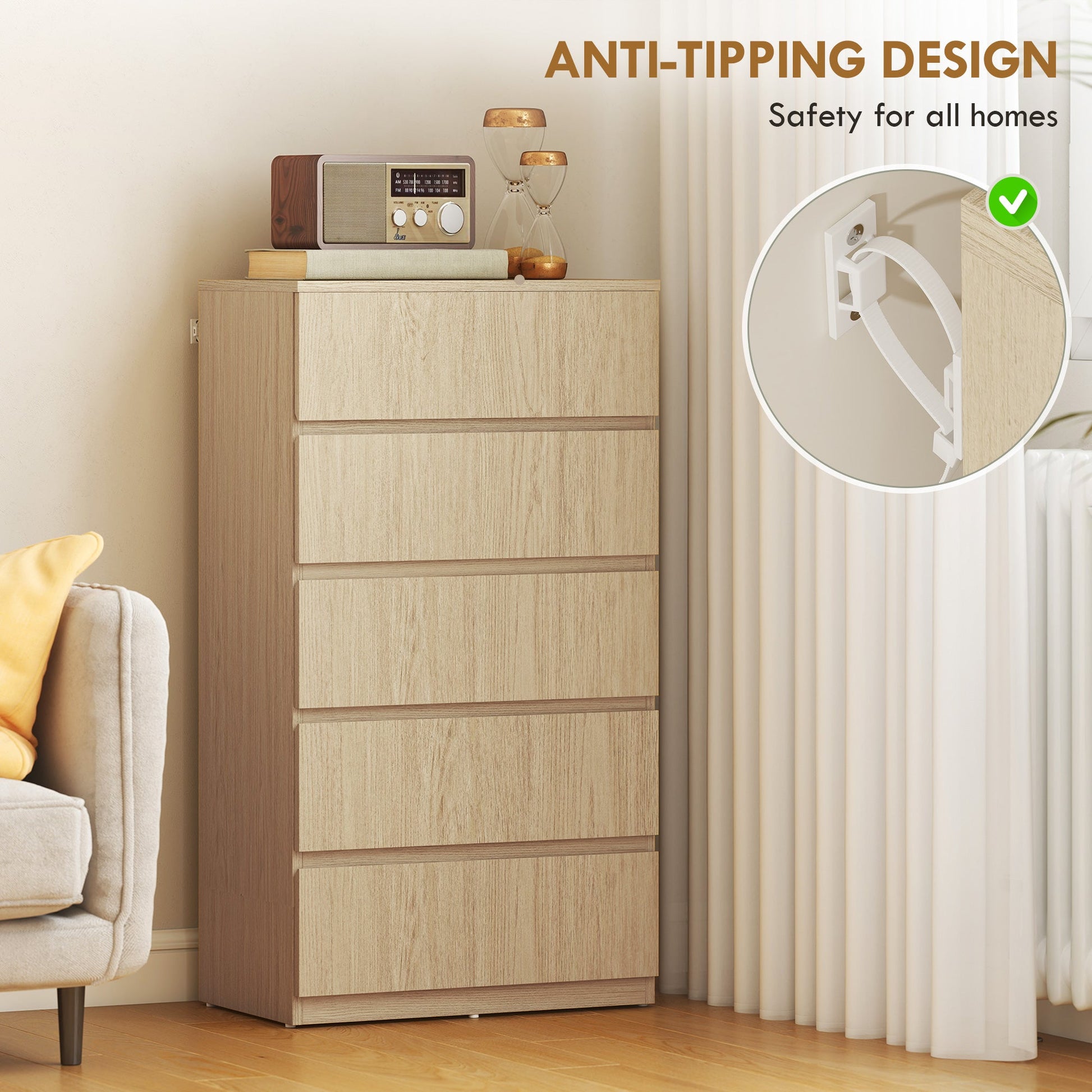 Chest of Drawers, 5 Drawers Storage Cabinet Floor Tower Cupboard for Bedroom Living Room, Natural Wood