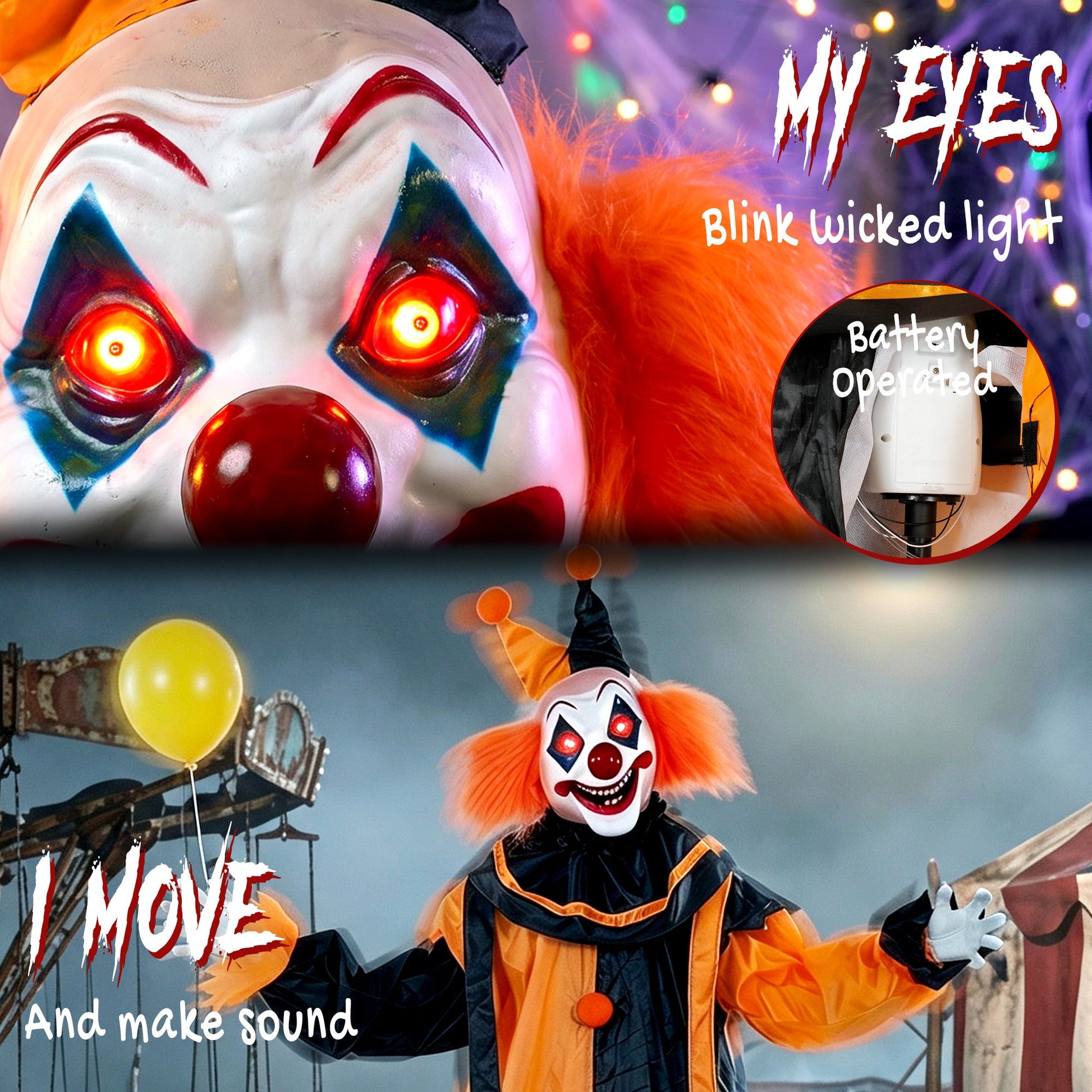 75"/190cm Life Size Animated Clown Halloween Decorations Outdoor Indoor, Scary Halloween Animatronics Decor with Sound Touch Activated, Red Light Up Eyes, Animated Prop for Haunted House Garden
