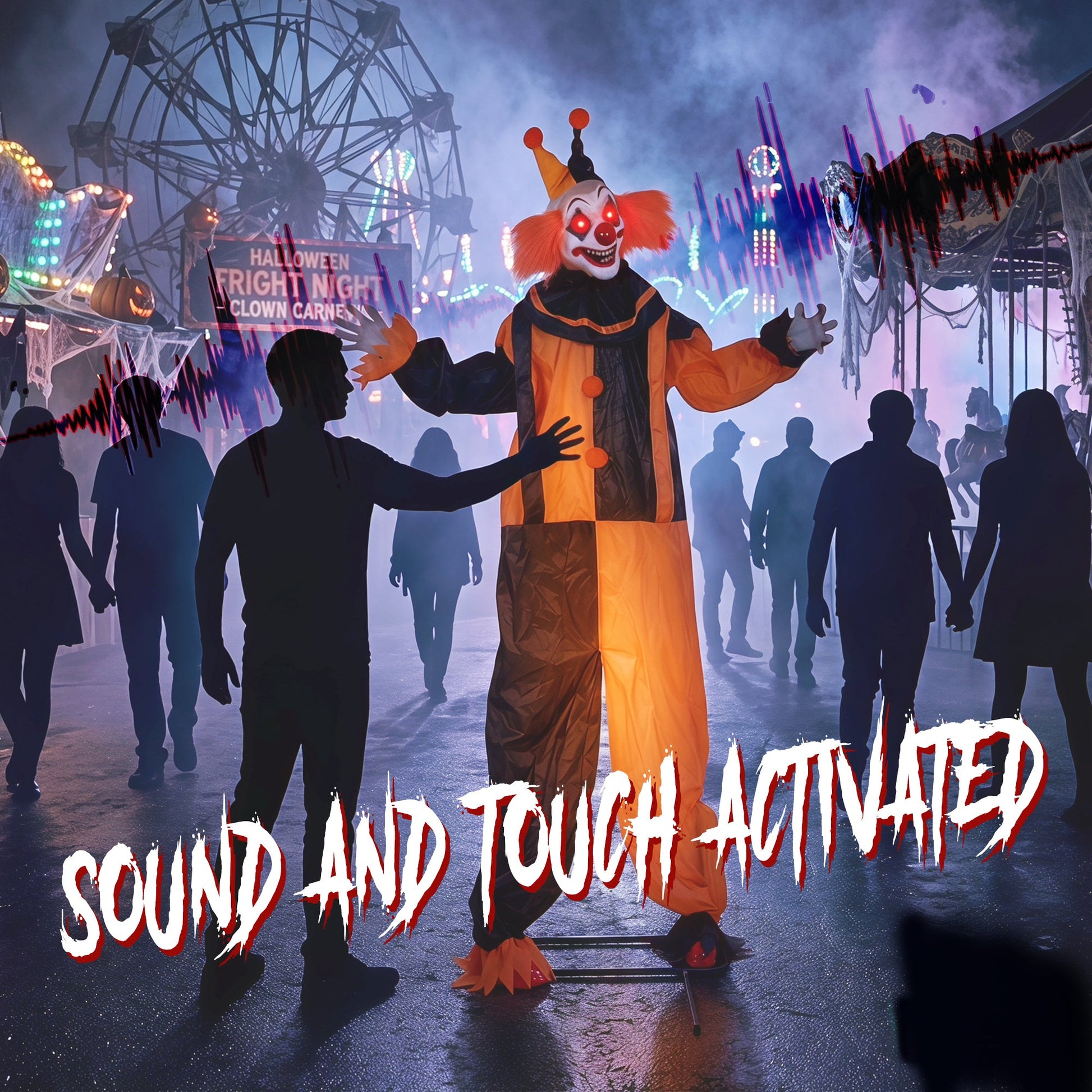 75"/190cm Life Size Animated Clown Halloween Decorations Outdoor Indoor, Scary Halloween Animatronics Decor with Sound Touch Activated, Red Light Up Eyes, Animated Prop for Haunted House Garden