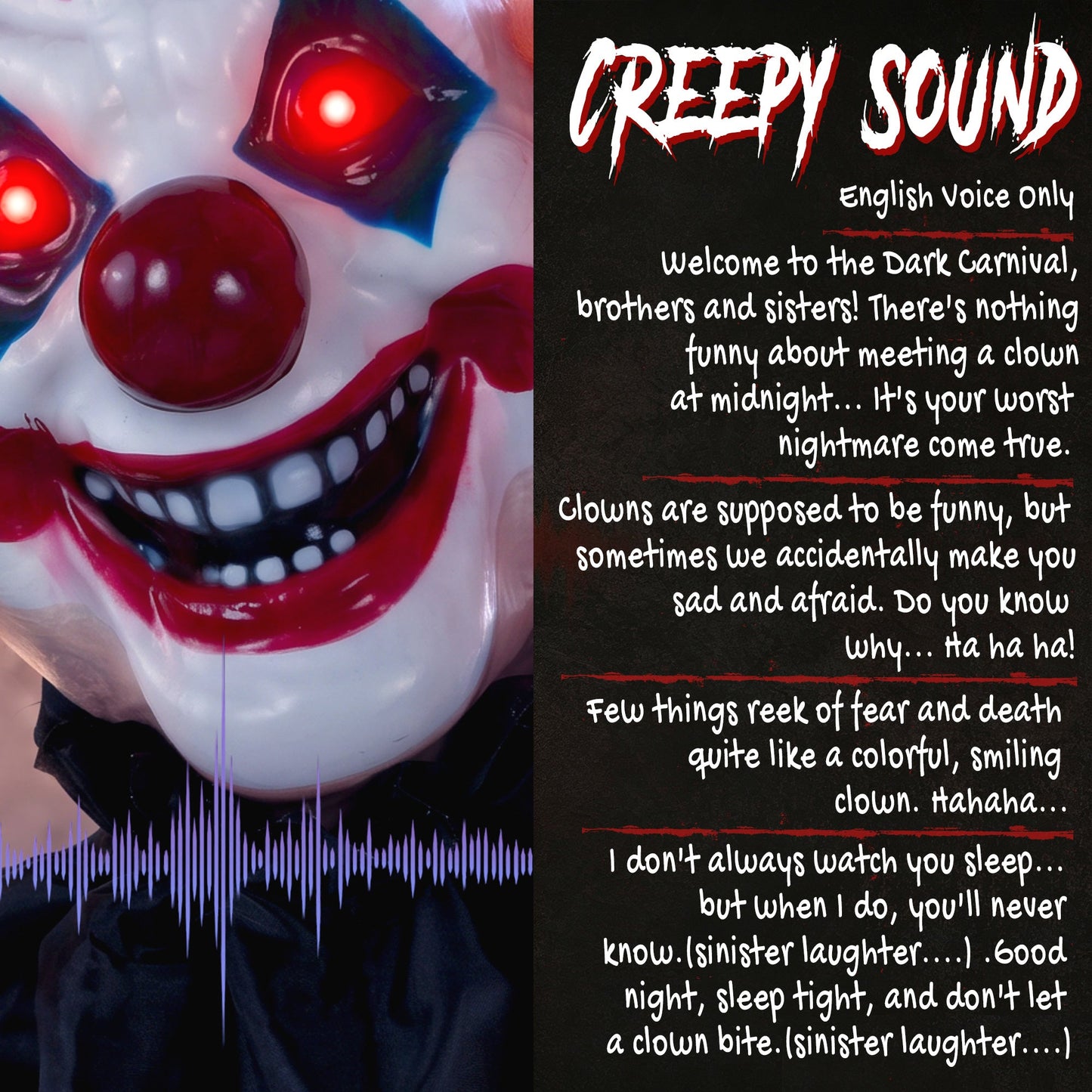 75"/190cm Life Size Animated Clown Halloween Decorations Outdoor Indoor, Scary Halloween Animatronics Decor with Sound Touch Activated, Red Light Up Eyes, Animated Prop for Haunted House Garden