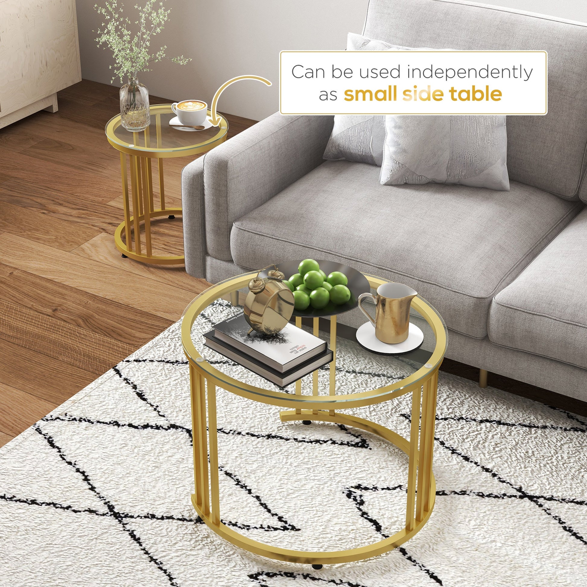 HOMCOM Nest of Tables, Round Coffee Tables Set of 2 with Tempered Glass Top and Steel Frame for Living Room, Gold Tone