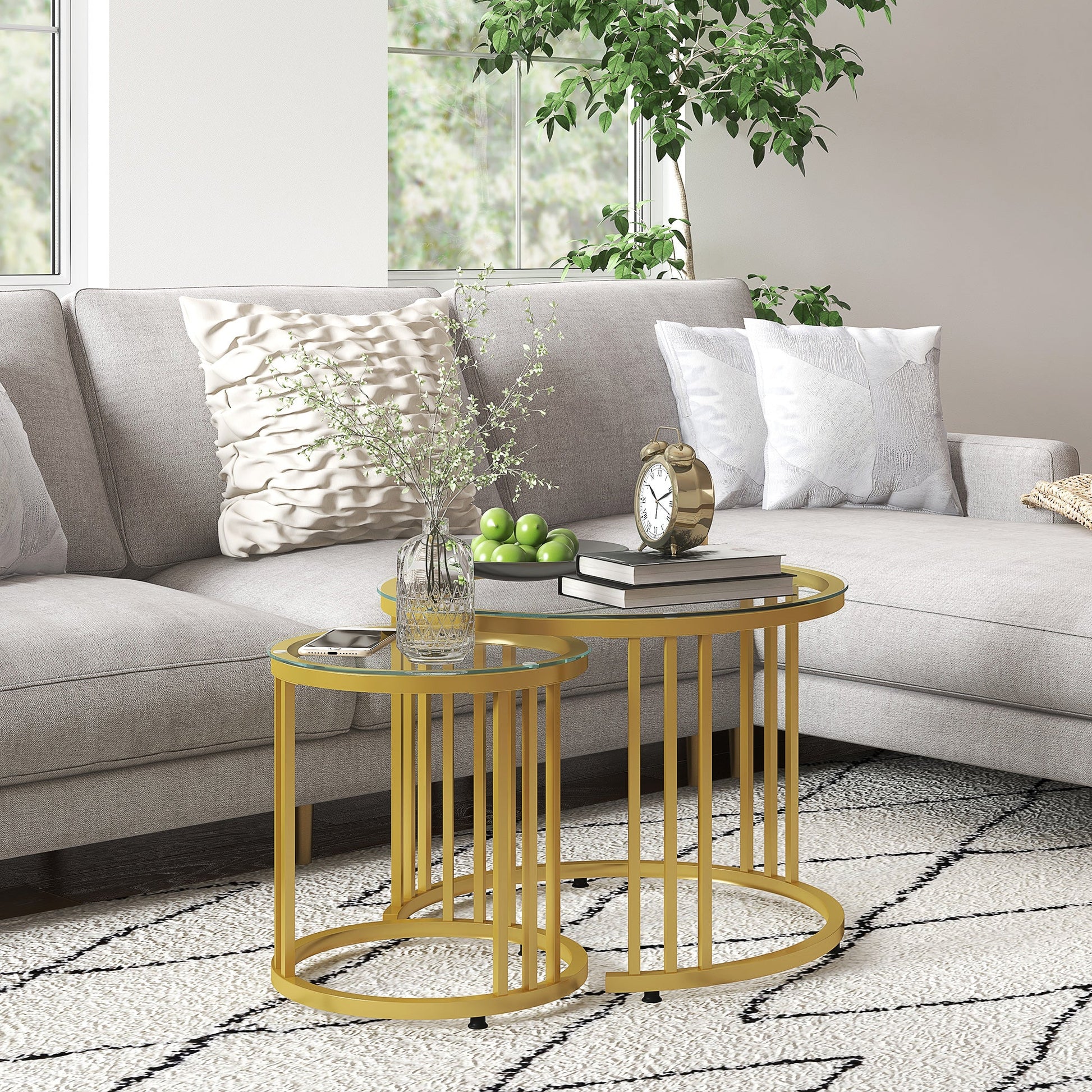 HOMCOM Nest of Tables, Round Coffee Tables Set of 2 with Tempered Glass Top and Steel Frame for Living Room, Gold Tone