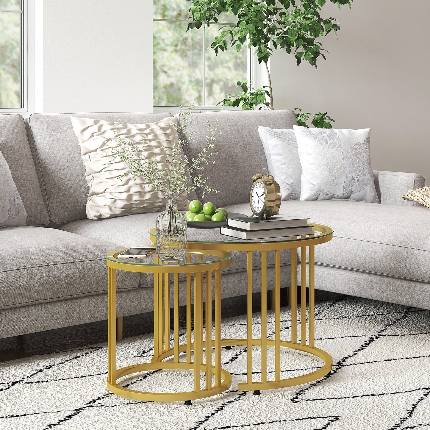 HOMCOM Nest of Tables, Round Coffee Tables Set of 2 with Tempered Glass Top and Steel Frame for Living Room, Gold Tone