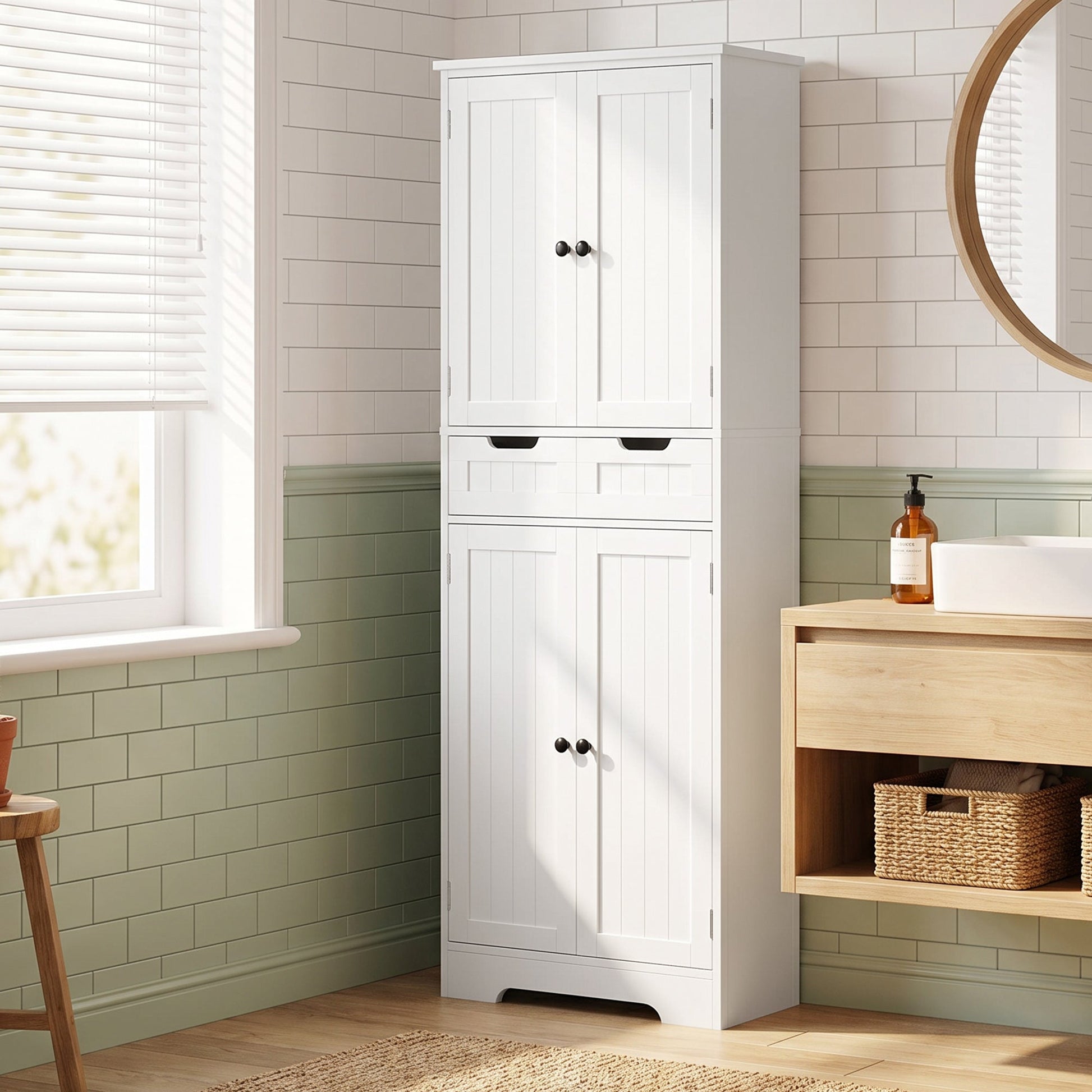 Tall Bathroom Cabinet, Freestanding Storage Cupboard, Bathroom Storage Cabinet with Drawer, Shelves and Doors, 60 x 30 x 160 cm, White