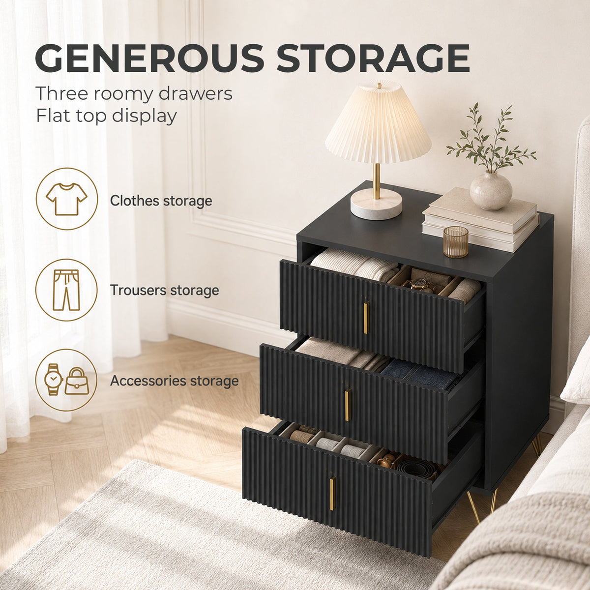 Modern 3 Drawer Dresser, Fluted Bedroom Dresser Chest of Drawers with Metal Legs and Steel Handles for Bedroom, Black