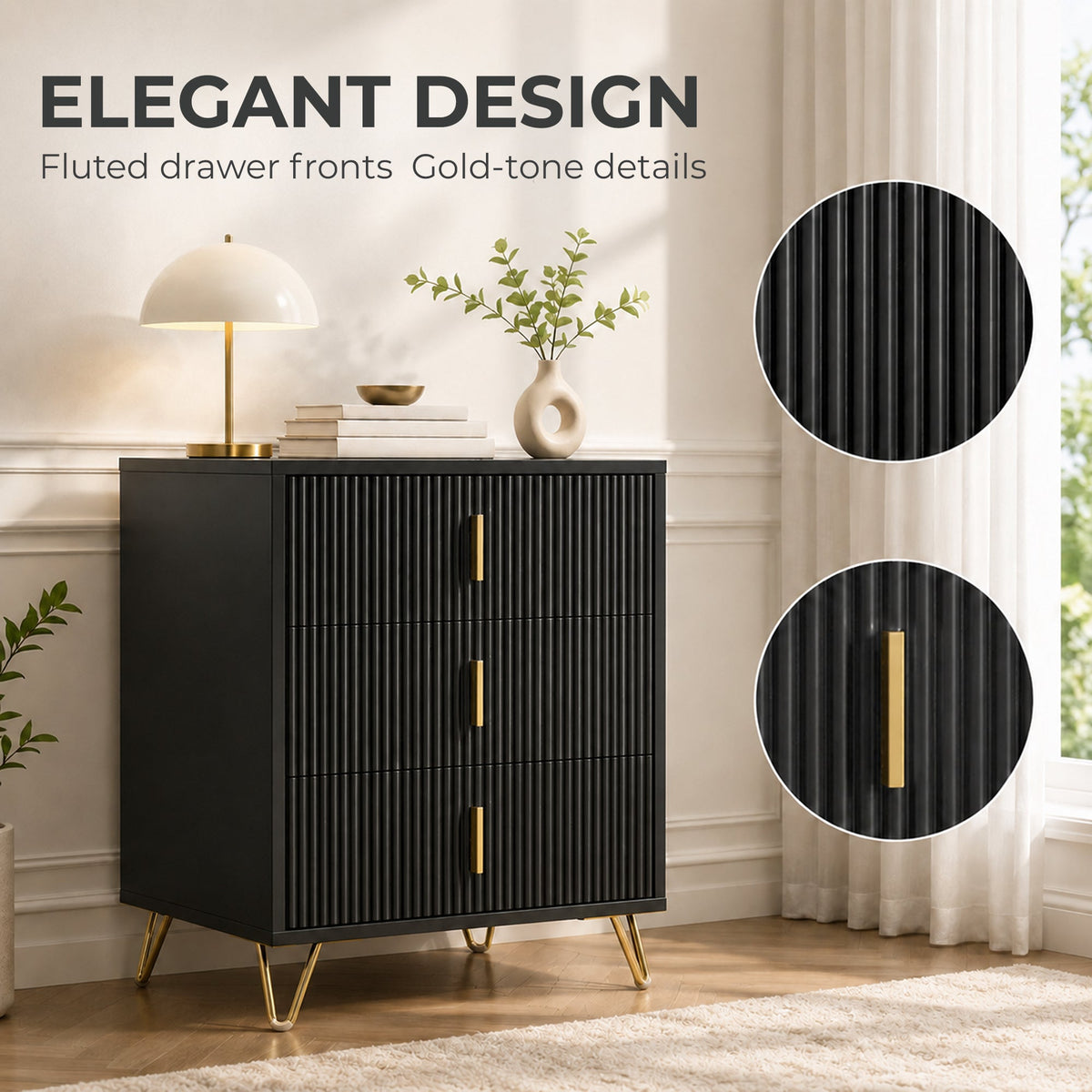 Modern 3 Drawer Dresser, Fluted Bedroom Dresser Chest of Drawers with Metal Legs and Steel Handles for Bedroom, Black