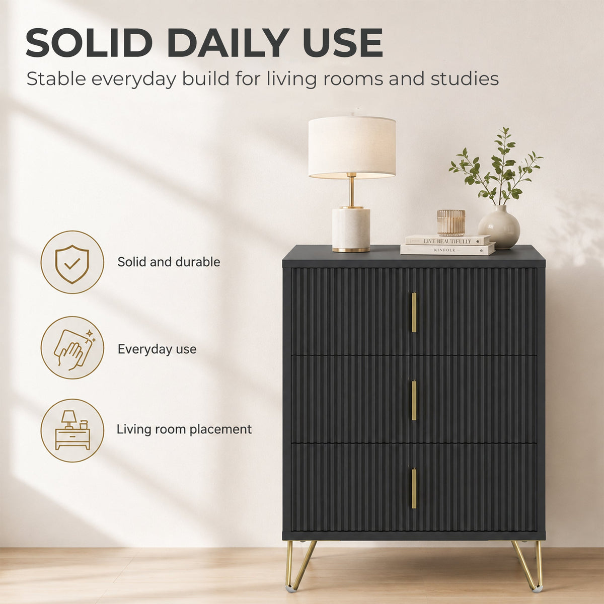 Modern 3 Drawer Dresser, Fluted Bedroom Dresser Chest of Drawers with Metal Legs and Steel Handles for Bedroom, Black