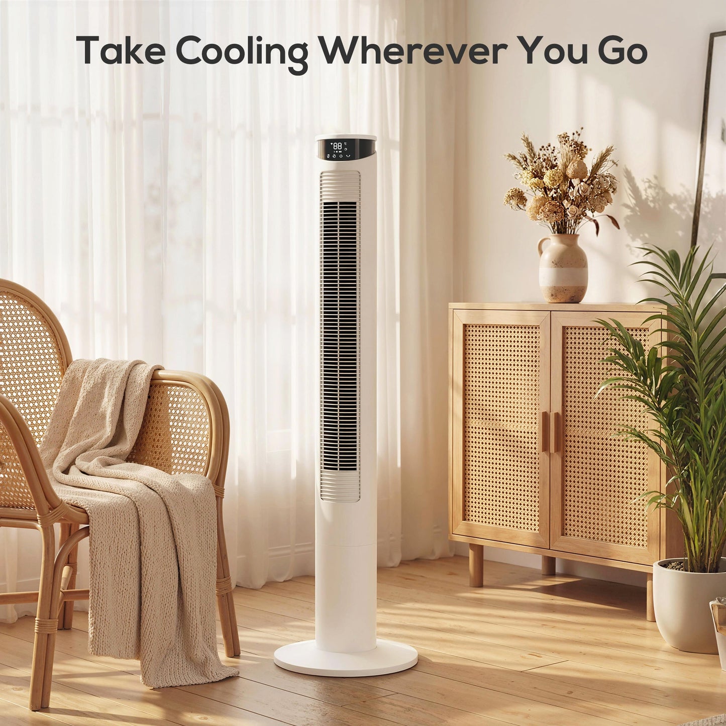 116 cm Tower Fan for Cooling, Standing Floor Fan with WiFi Control, 65° Oscillating, 12 Hour Timer, LED Display and Remote Control for Bedroom, Office, White