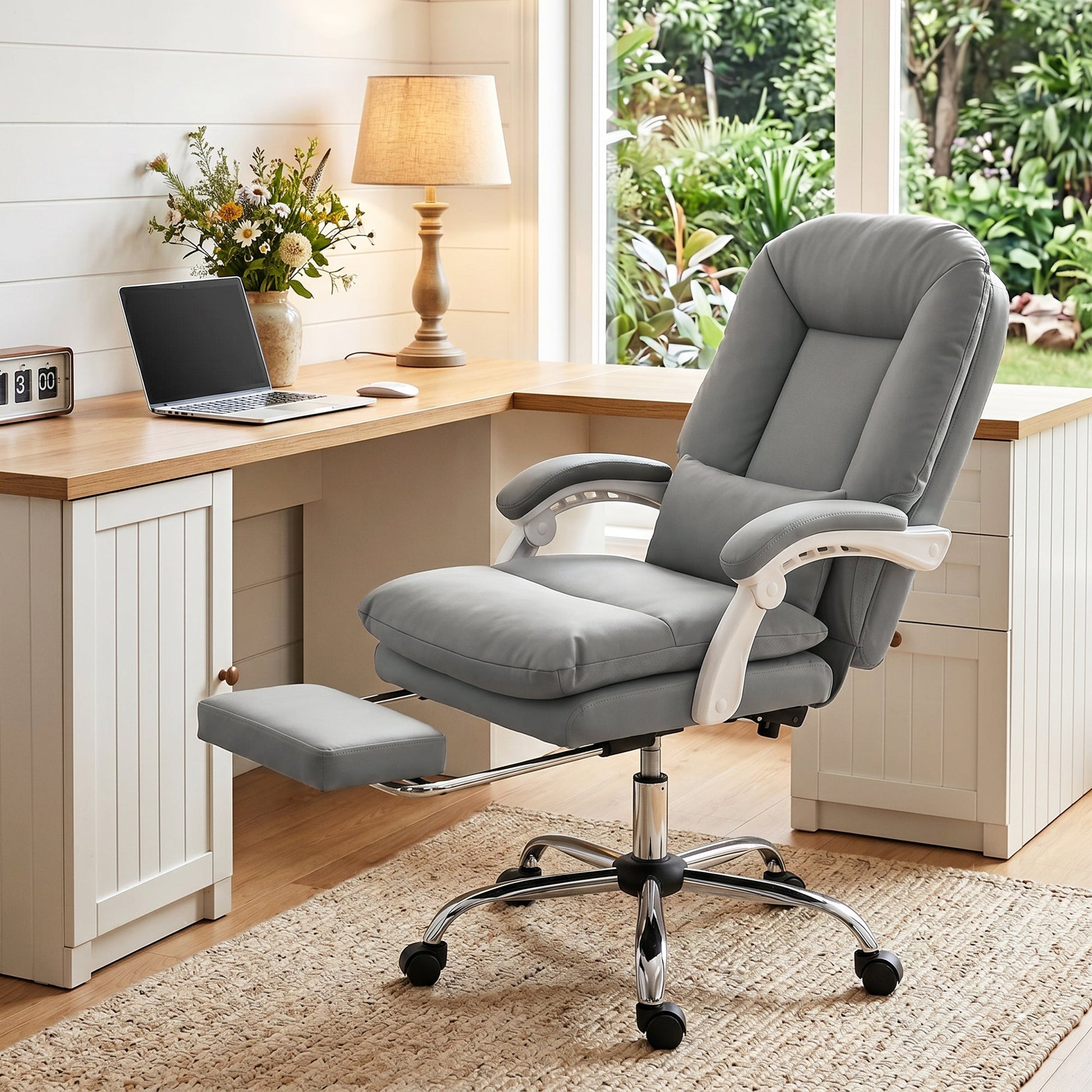 Ergonomic Executive Office Chair, Velvet Reclining Computer Desk Chair with Lumbar Support, Footrest, Plush Thick Cushion, 360° Swivel for Home Office, Grey