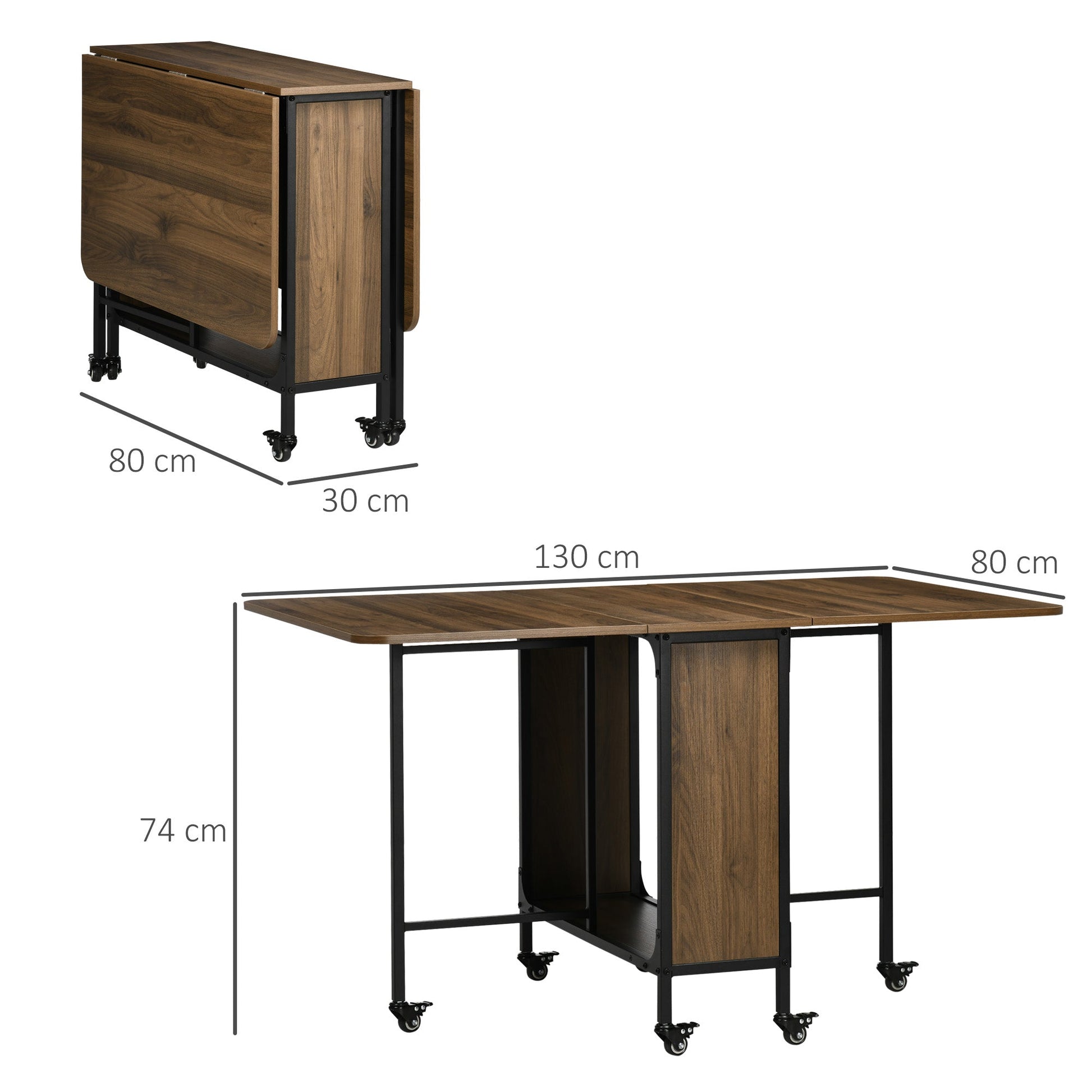 Mobile Drop Leaf Table, Folding Dining Table with 6 Wheels & Storage Shelf for Small Spaces, Kitchen, Dining Room, Light Brown