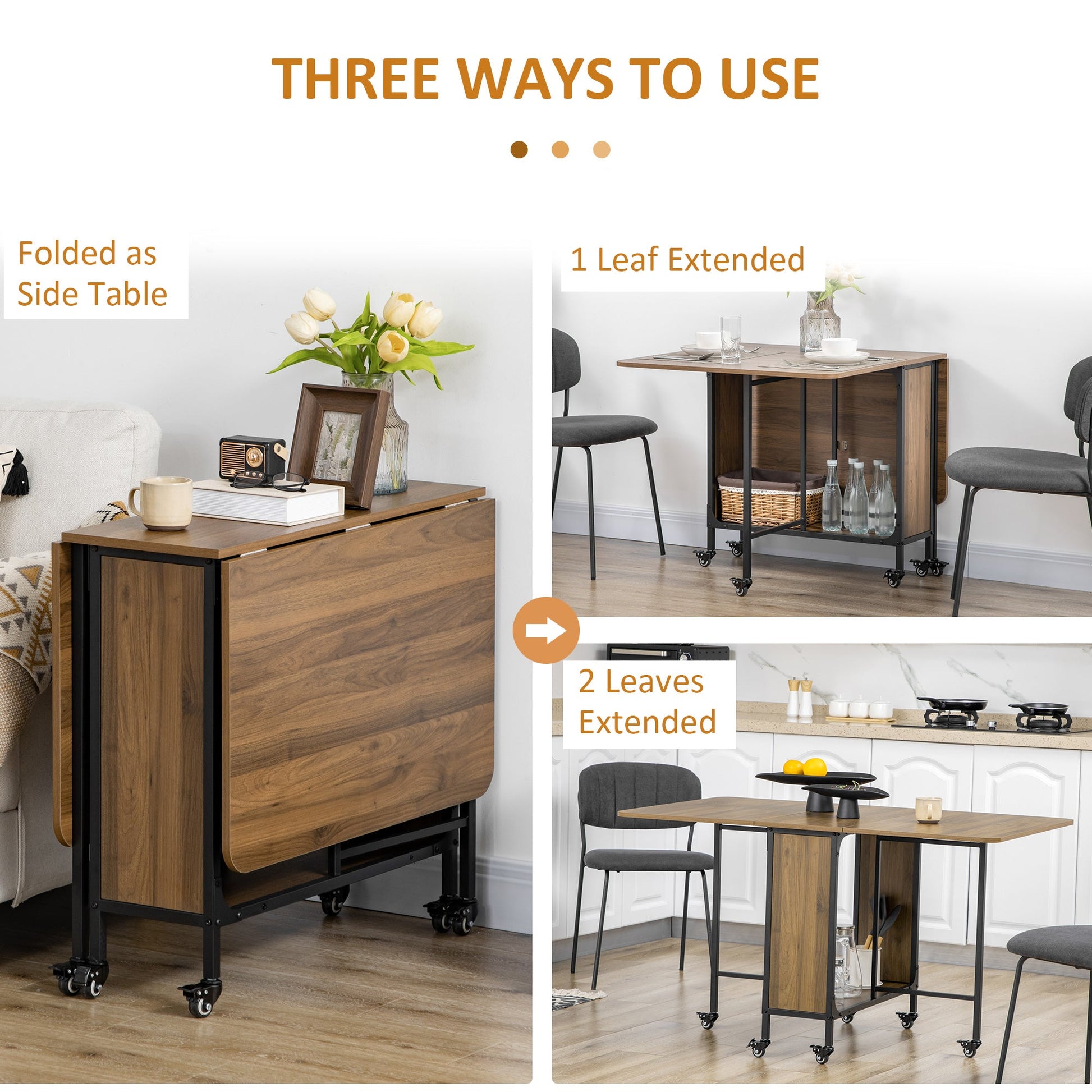 Mobile Drop Leaf Table, Folding Dining Table with 6 Wheels & Storage Shelf for Small Spaces, Kitchen, Dining Room, Light Brown