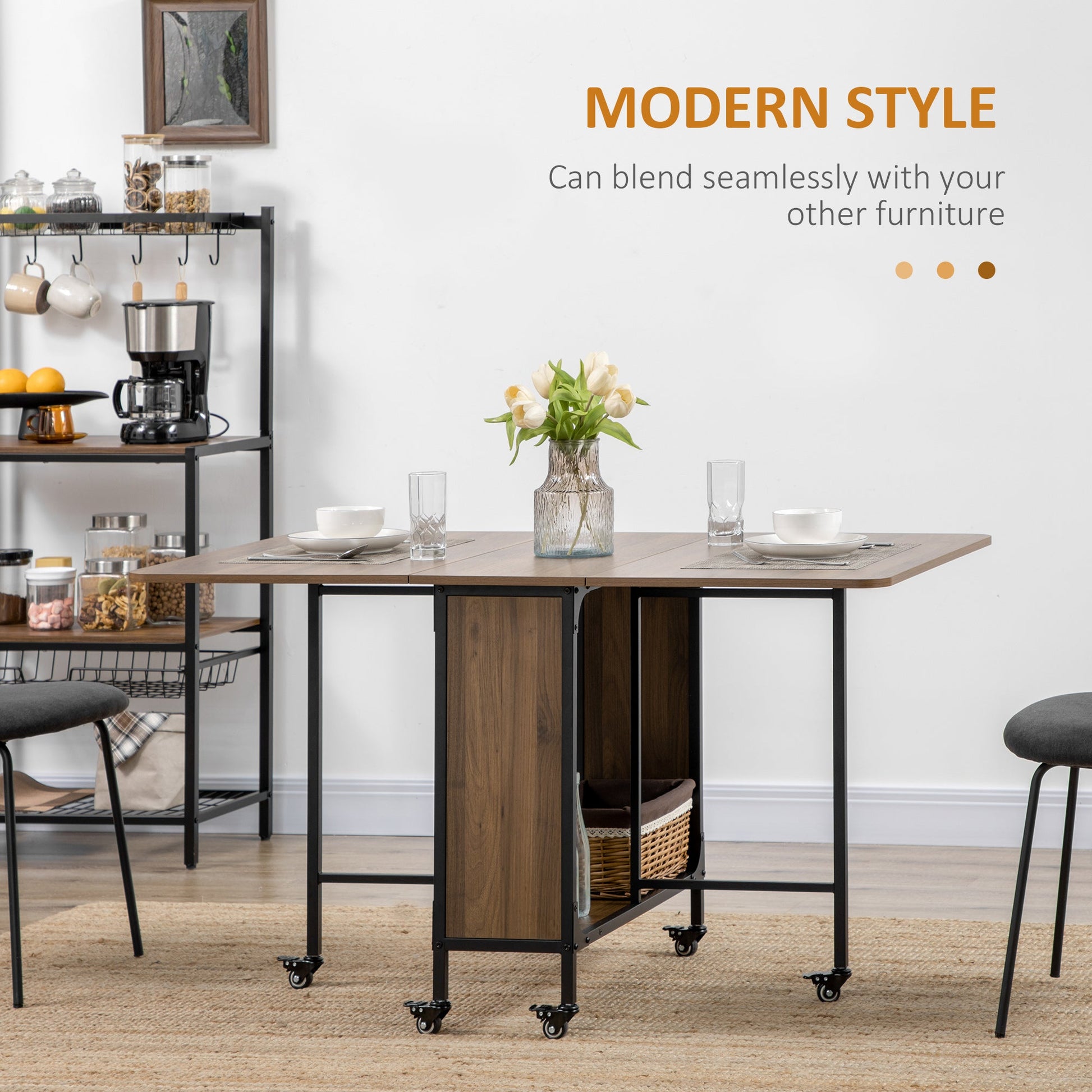 Mobile Drop Leaf Table, Folding Dining Table with 6 Wheels & Storage Shelf for Small Spaces, Kitchen, Dining Room, Light Brown