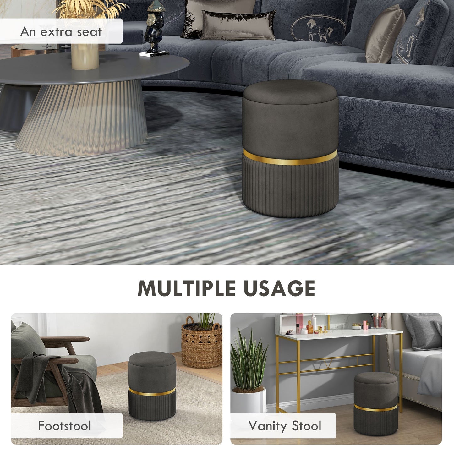 HOMCOM Round Pouffe, Velvet-feel Fabric Upholstered Storage Foot Stool with Removable Top, Padded Seat and Hidden Space for Living Room, Grey