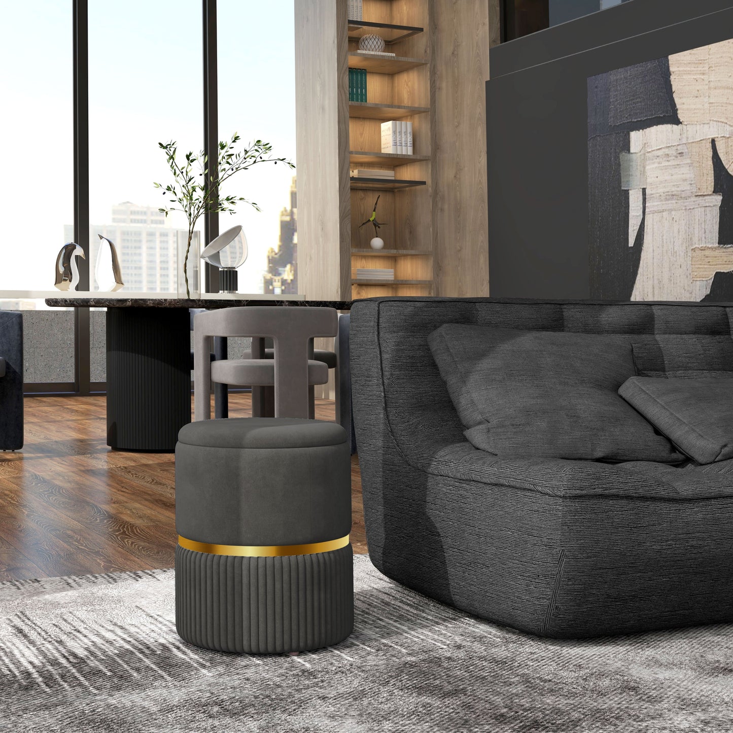 HOMCOM Round Pouffe, Velvet-feel Fabric Upholstered Storage Foot Stool with Removable Top, Padded Seat and Hidden Space for Living Room, Grey