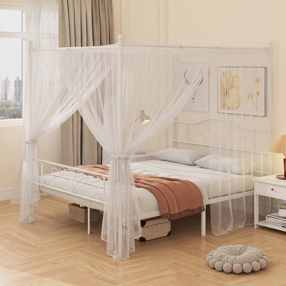 Canopy Bed Frame King Size, Metal Platform Bed Frame with Headboard and Footboard, Underbed Storage, Heavy Duty Steel Slats Support Mattress Foundation, No Box Spring Needed, White