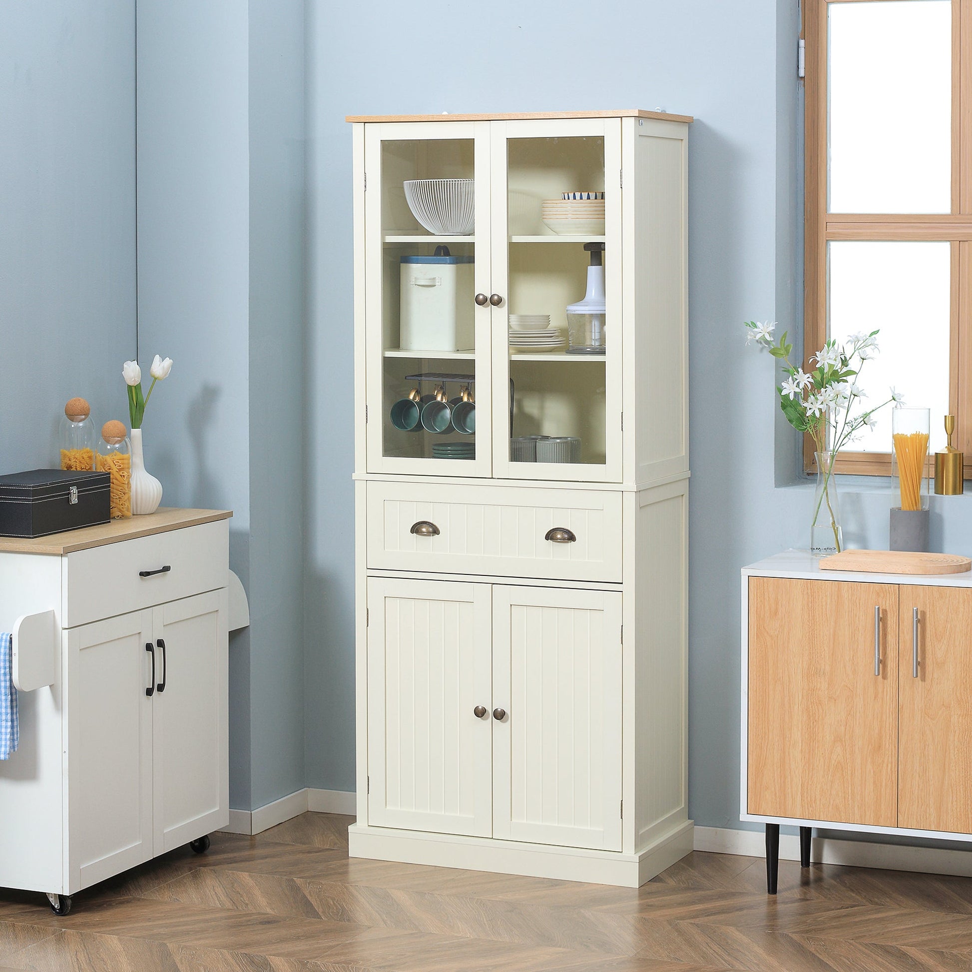 Freestanding Kitchen Cupboard, 5-tier Storage Cabinet with Adjustable Shelves and Drawer for Living Room, Dining Room, Cream White