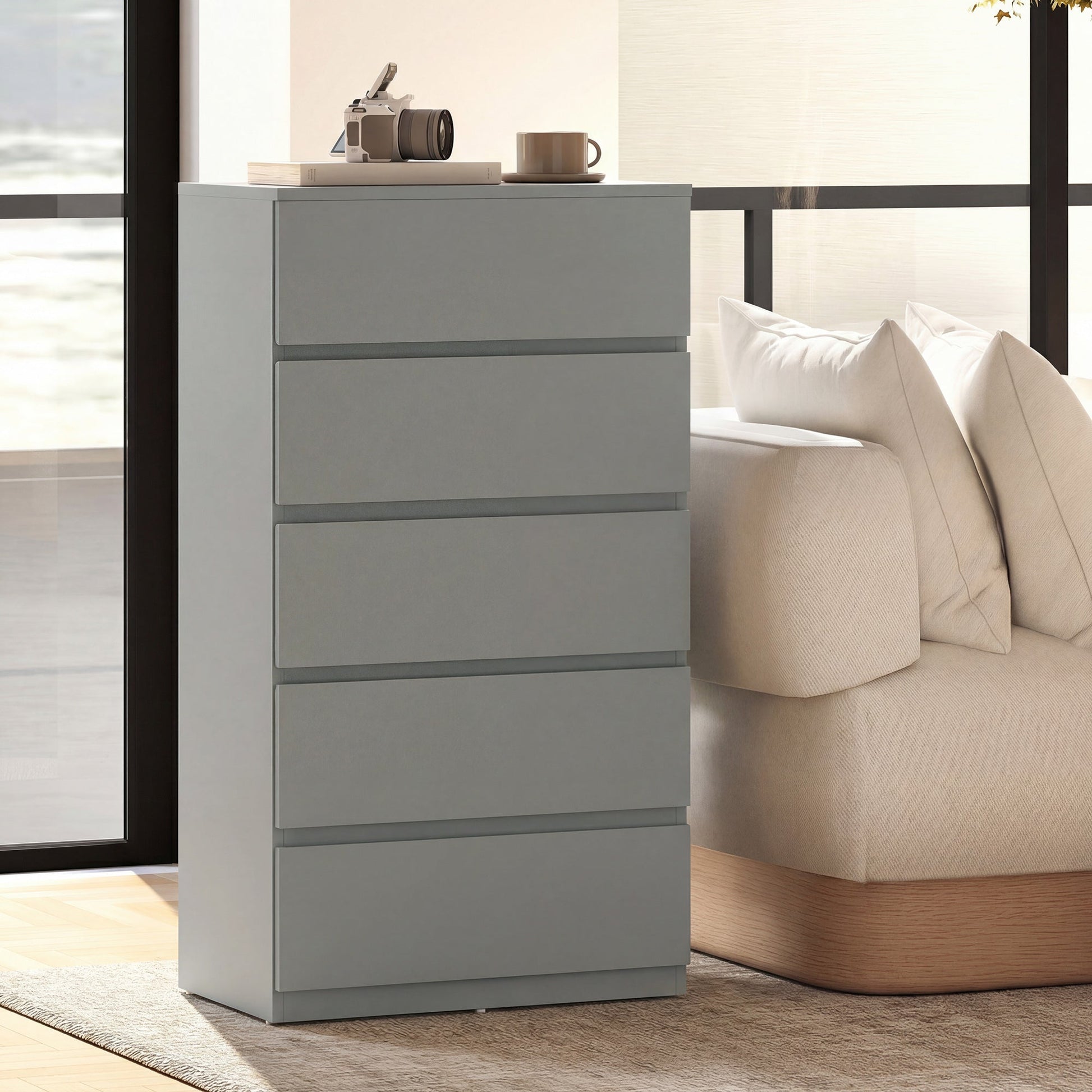 Chest of Drawers, 5 Drawers Storage Cabinet Floor Tower Cupboard for Bedroom Living Room, Grey