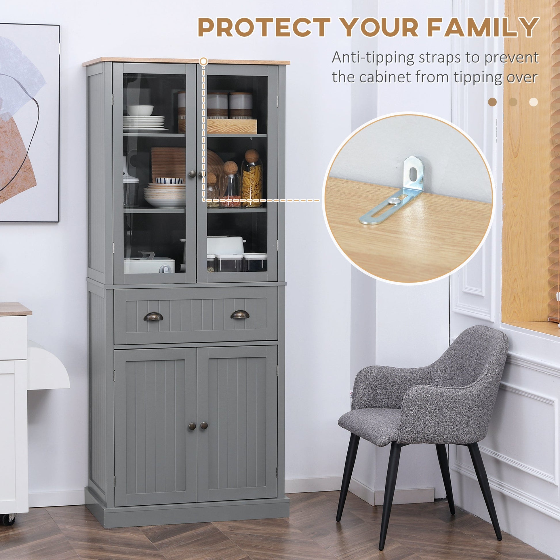 Freestanding Kitchen Cupboard, 5-tier Storage Cabinet with Adjustable Shelves and Drawer for Living Room, Dining Room, Grey