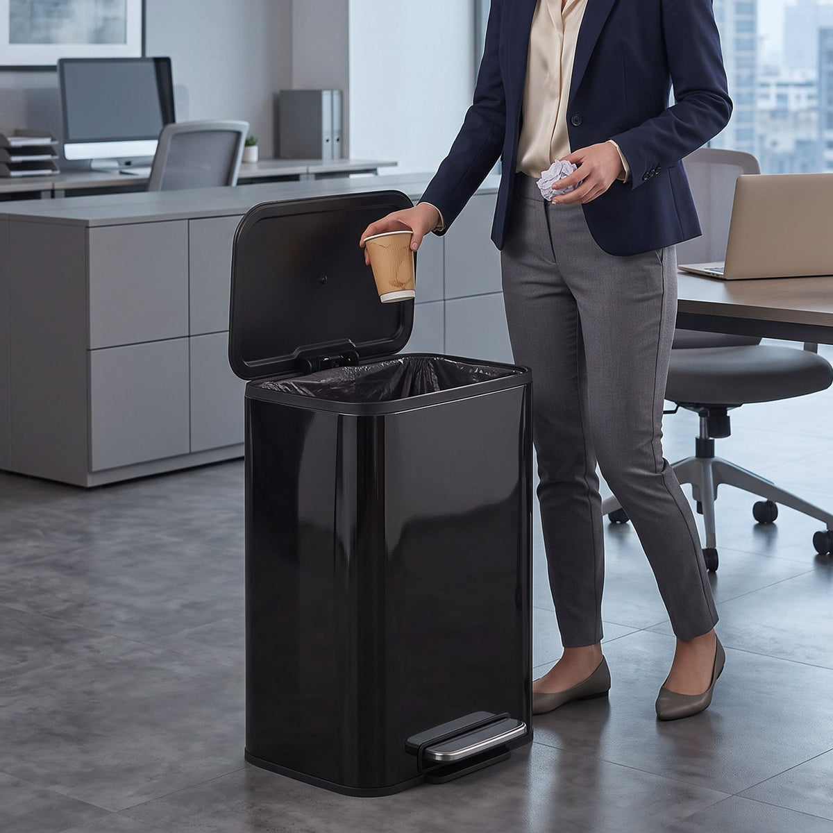 50L Kitchen Bin, Metal Rectangular Pedal Rubbish Bin with Soft Close and Stay-Open Lid, Removable Inner Bucket for Kitchen, Home, Office, Recycling, High Gloss Black