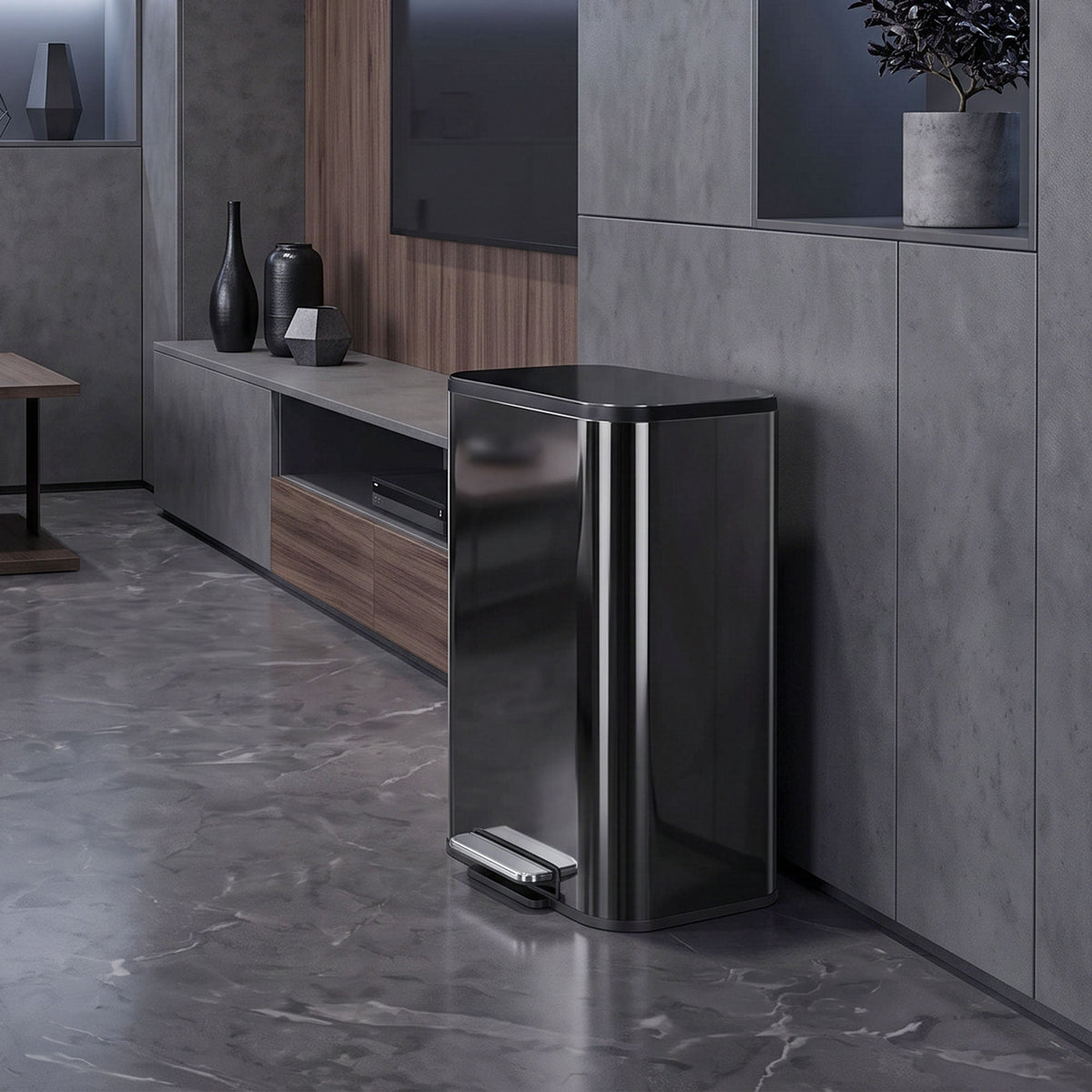 50L Kitchen Bin, Metal Rectangular Pedal Rubbish Bin with Soft Close and Stay-Open Lid, Removable Inner Bucket for Kitchen, Home, Office, Recycling, High Gloss Black