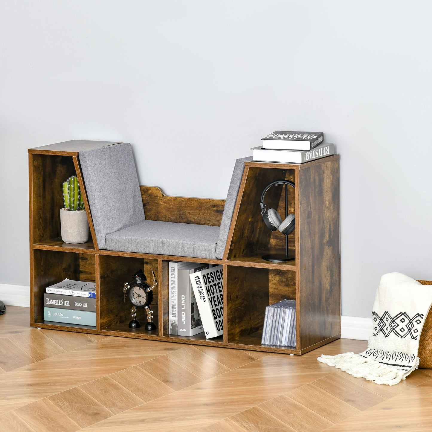 HOMCOM Bookcase Storage Shelf with Cushioned Reading Seat, Cube Bookshelf Organizer for Bedroom Living Room, Rustic Brown
