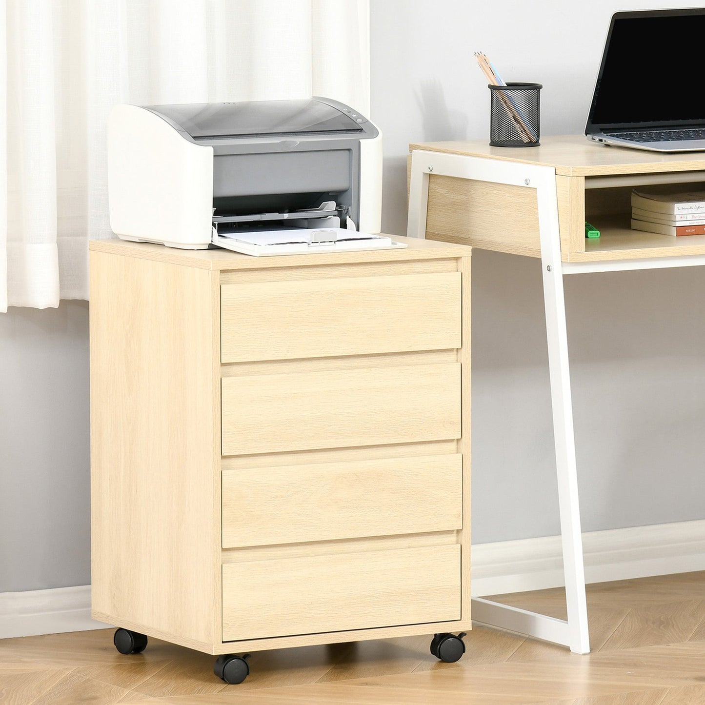Mobile Filing Cabinet with 4 Drawers, Under Desk Storage Cabinet for Home Office, Natural