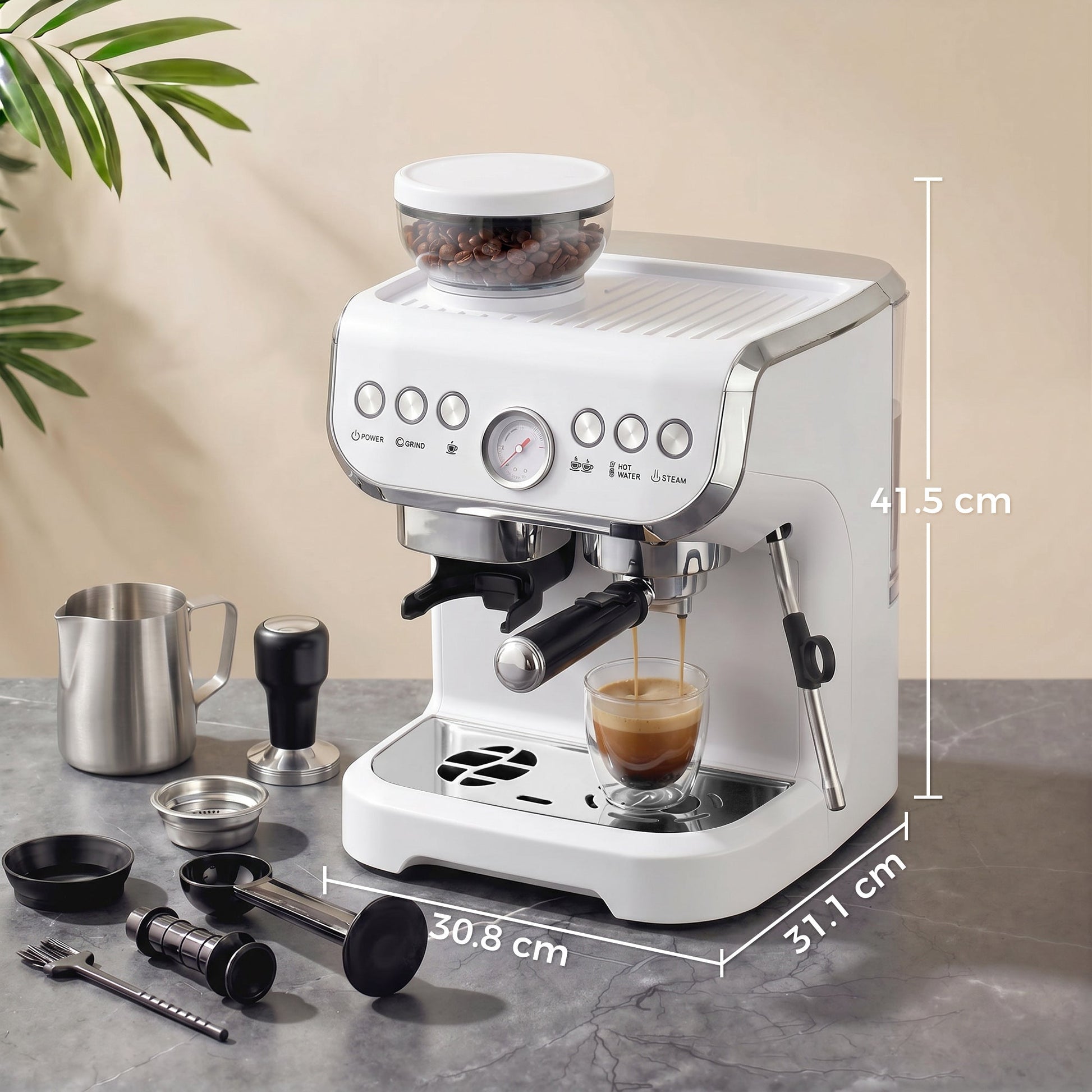 Espresso Machine with Integrated Bean Grinder & Steam Wand, Bean to Cup Coffee Machine with 15 Bar Italian Pump, 2L Water Tank, Cappuccino Maker, Stainless Steel, White