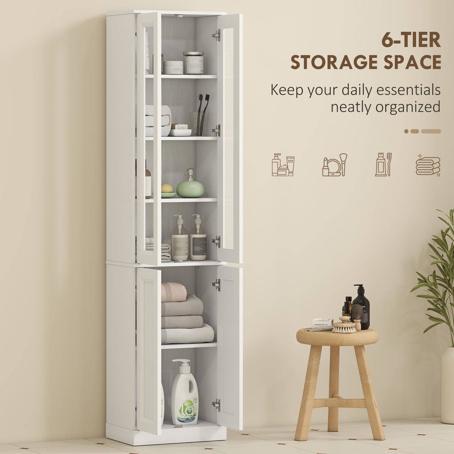 Tall Bathroom Storage Cabinet, 6-Tier Slim Freestanding Bathroom Cabinet with Adjustable Shelf, 4 Soft-Close Doors, Storage Unit for Small Space, 38 x 26 x 160 cm, White