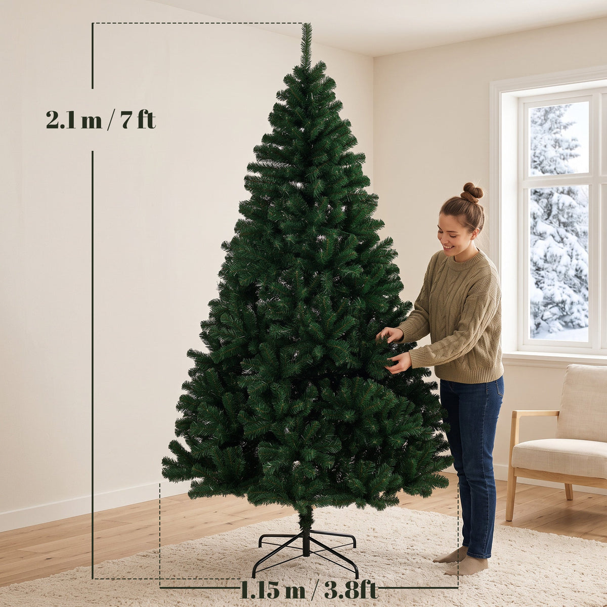 7ft/210cm Artificial Christmas Tree, Fir Hinged Xmas Tree with 1100 Branch Tips, Foldable Steel Stand, Easy Assembly for Home Office Holiday Decoration, Green