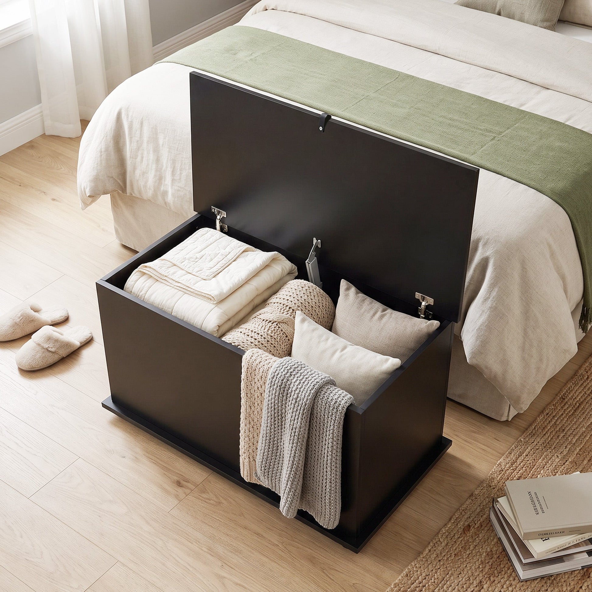 Storage Chest, Large 102L Blanket Box, Shoe Bench with Safety Hinged Lid, Storage Trunk, Bed End Bench for Bedroom, Hallway, Living room, Playroom, 80 x 40 x 45cm, Black