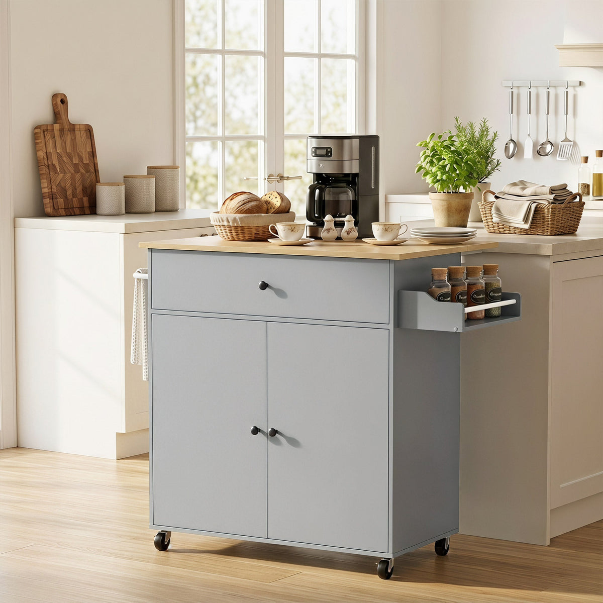 Kitchen Island with Drop Leaf, Rolling Kitchen Storage Trolley on Wheels with Drawer, Spice Rack and Towel Rack, Storage Cart with Adjustable Shelf, Grey